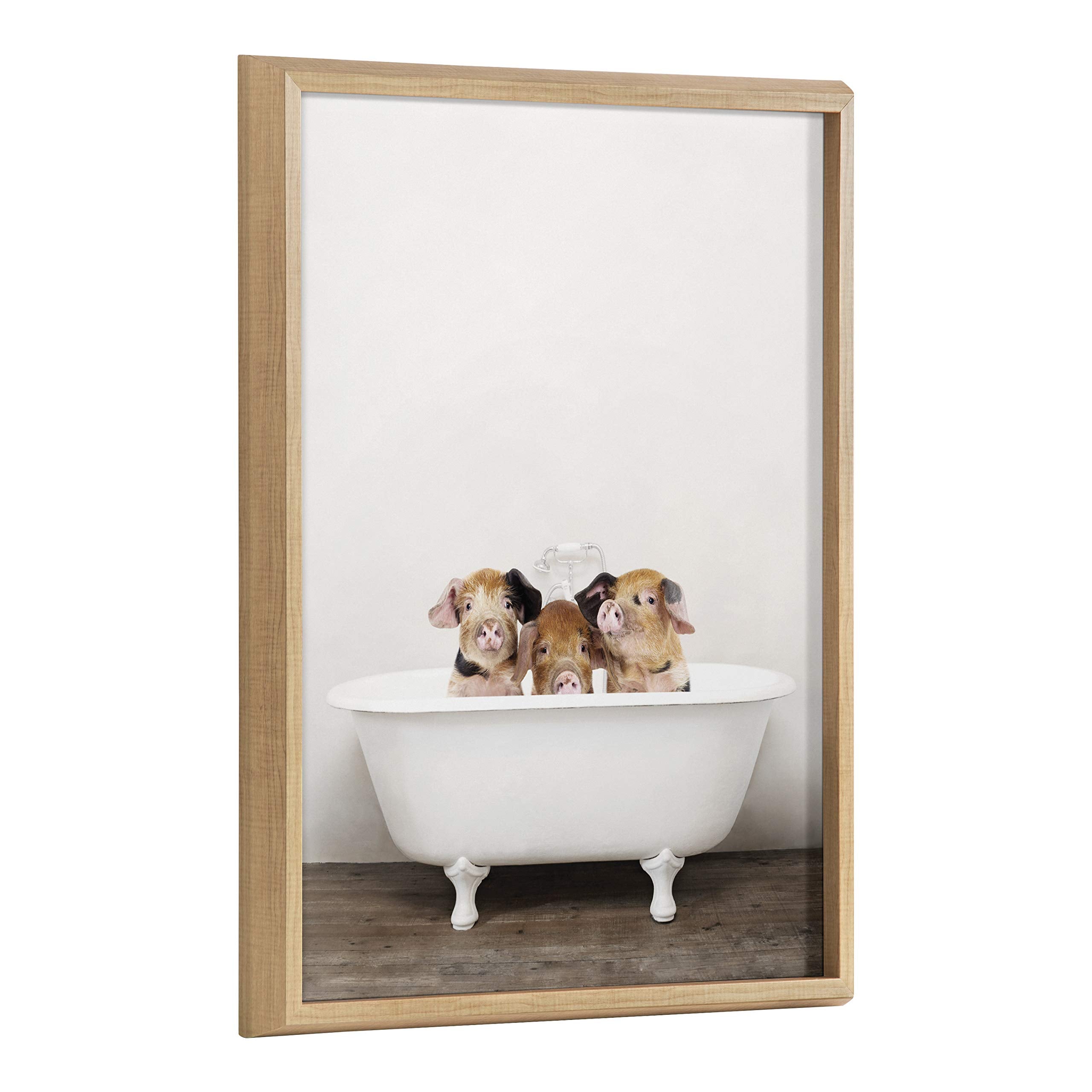 Kate And Laurel Blake Three Little Pigs In Vintage Bathtub Framed Printed Glass Wall Art By Amy Peterson, 18X24 Natural, Adorabl