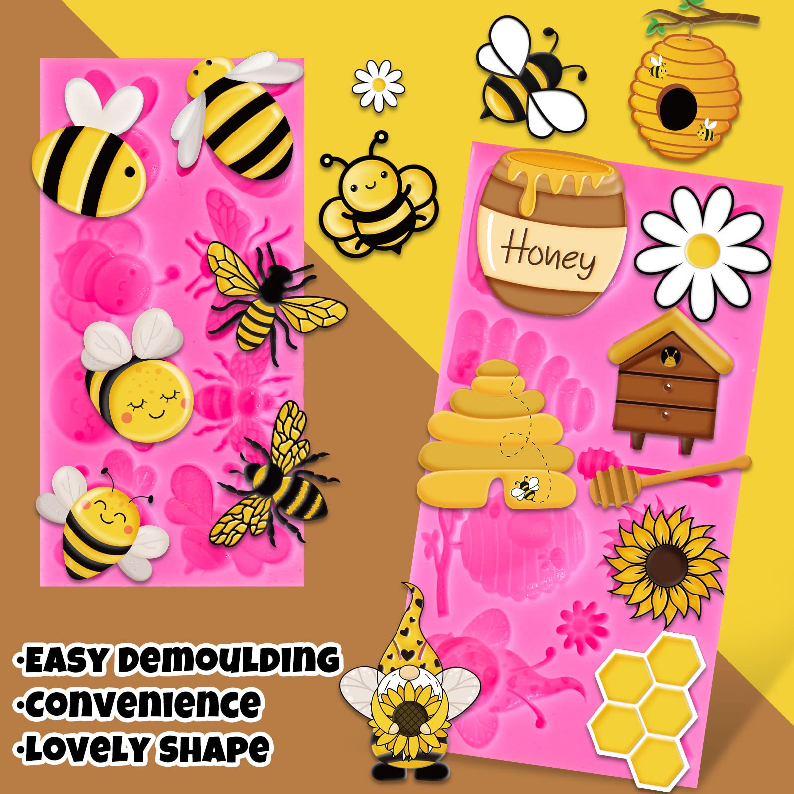 Whaline Bumble Bee Fondant Molds 3D Silicone Moulds Sunflowers Honey Pattern Resin Molds Honeycomb Bumblebee Cupcake Cookie Baking Decorating Moulds for Spring Summer Party DIY Candy 2Pcs