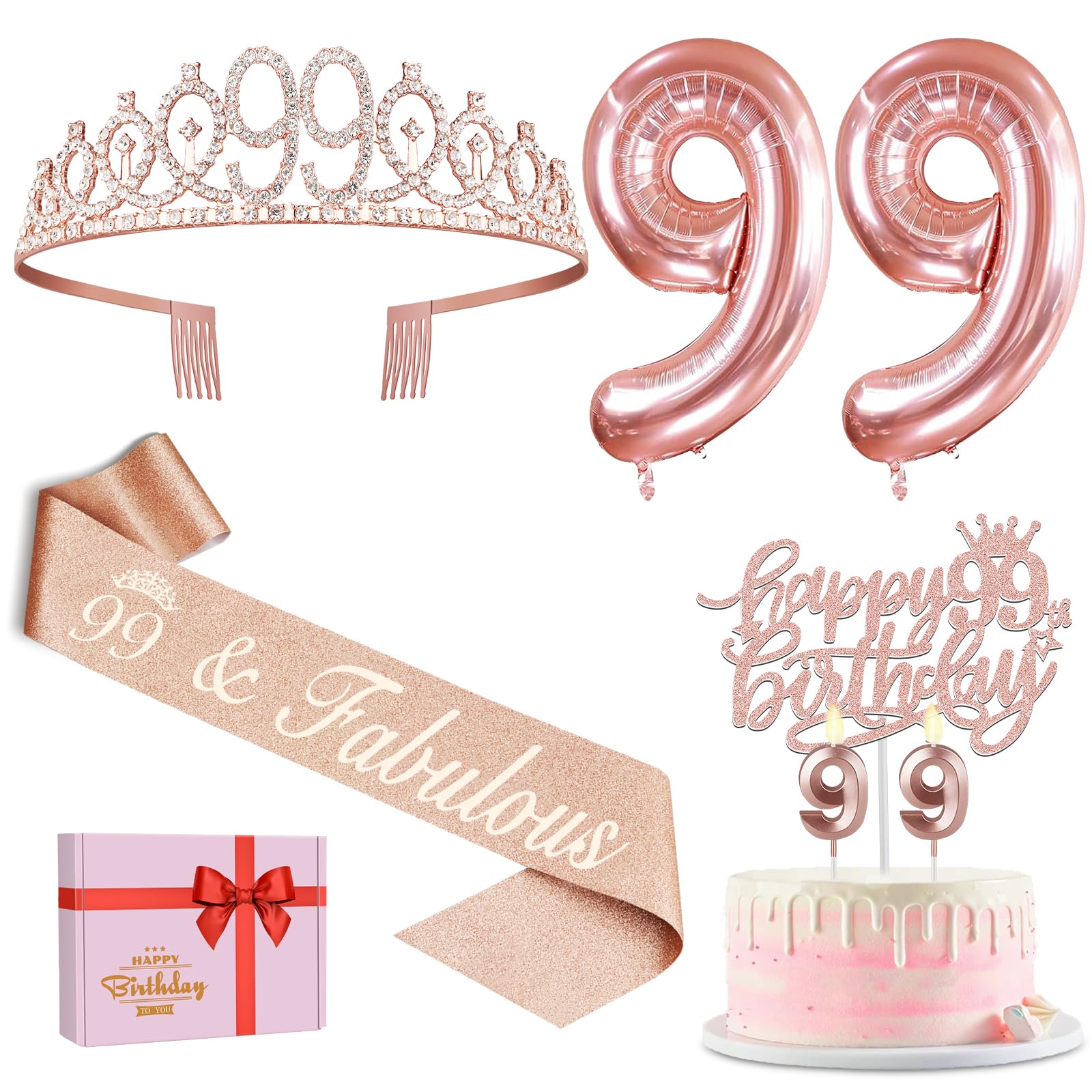 99Th Birthday Decorations Gifts For Women With 99Th Birthday Sash And Tiara, Birthday Cake Topper And Number 99 Candles, Big 99