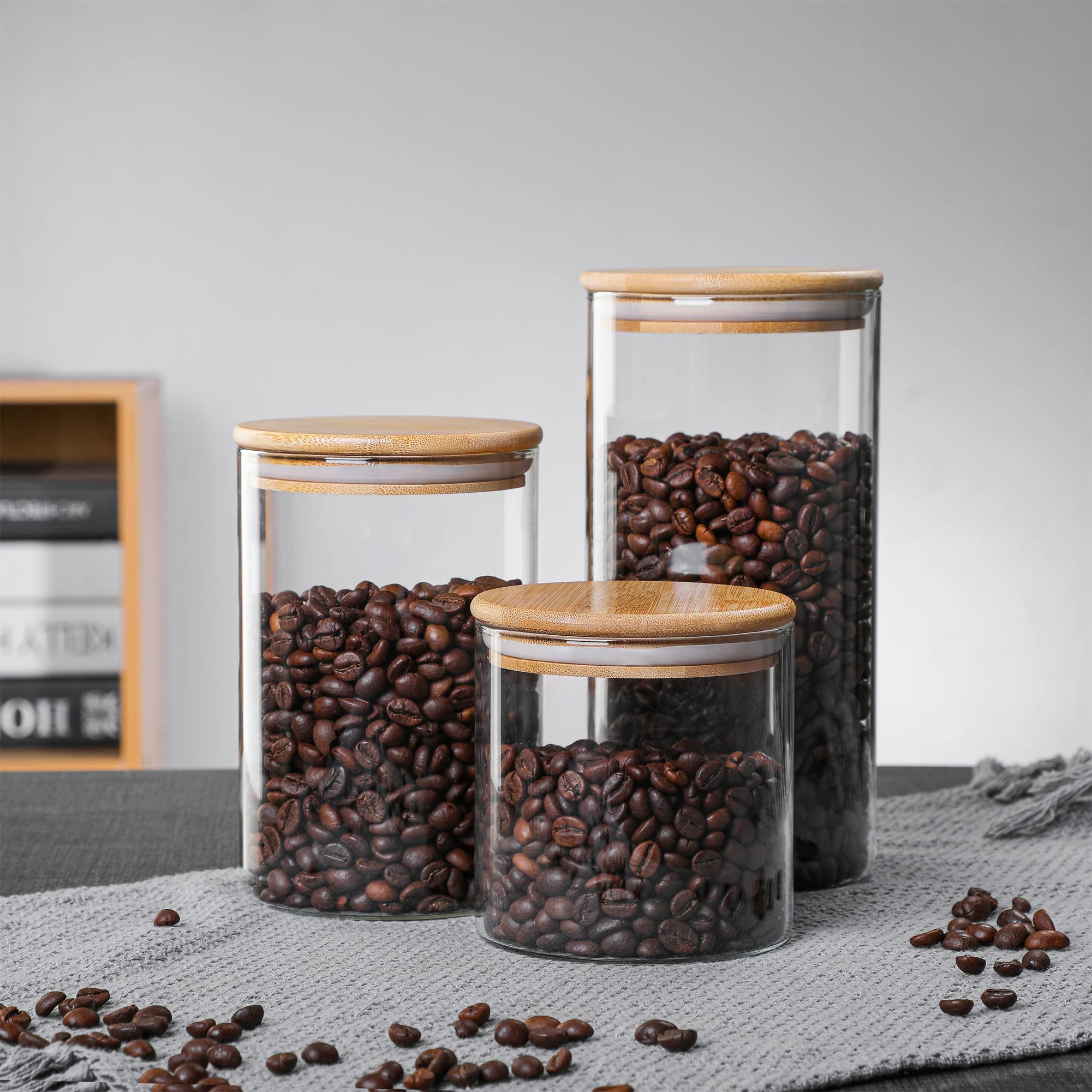 MOLFUJ 550 ML / 18 FL Oz Glass Storage Container with Wood Lid  Stackable Clear Decorative Organizer Bottle Canister Pantry Jar with Air Tight Wooden Lid for Food  Coffee  Candy  Sugar  Salt  Tea