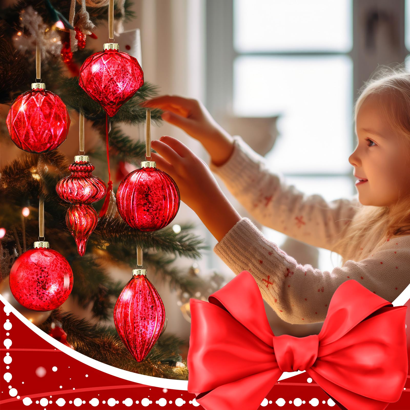 Civaner Set of 6 Red Mercury Glass Christmas Ornaments Large Hanging Mercury Glass Balls Finials Ornaments for Christmas Tree De