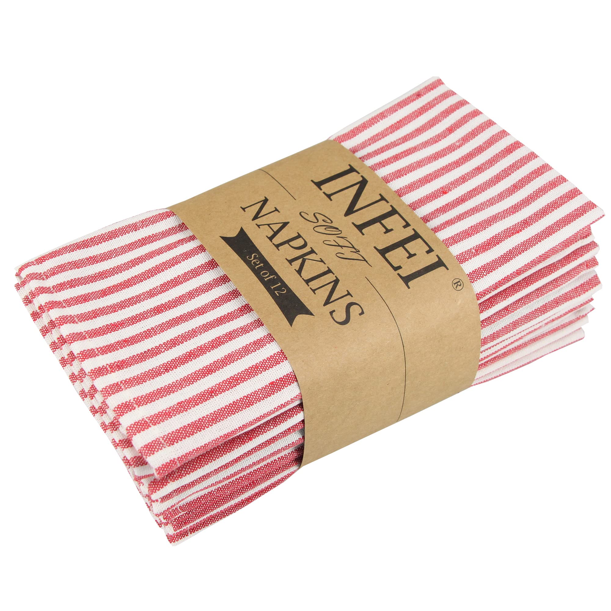 Infei Plain Striped Cotton Linen Blended Dinner Cloth Napkins - Set Of 12 (17 X 17 Inches) - For Events & Home Use (Red)