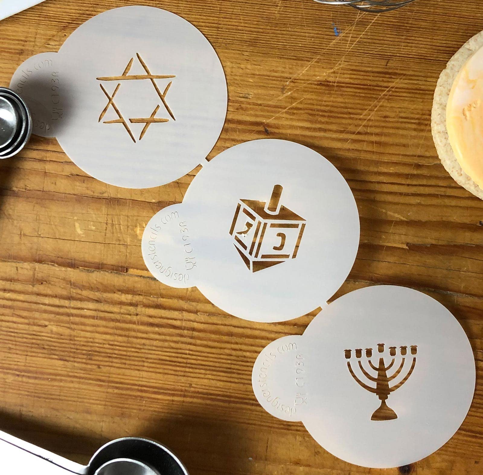 Designer Stencils Jewish Symbols Cookie And Cupcake Stencils, Small, (Dreidel, Star Of David, Menorah), Beige/Semi-Transparent