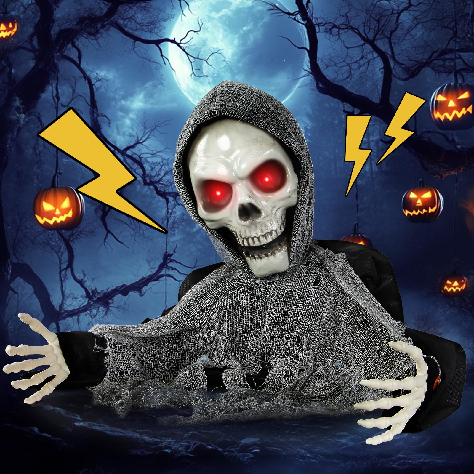 Boveco Halloween Animatronics Decoration Scary Skeleton Ghost Light-Up Eyes Sound & Activated Sensor Outdoor and Indoor Animated