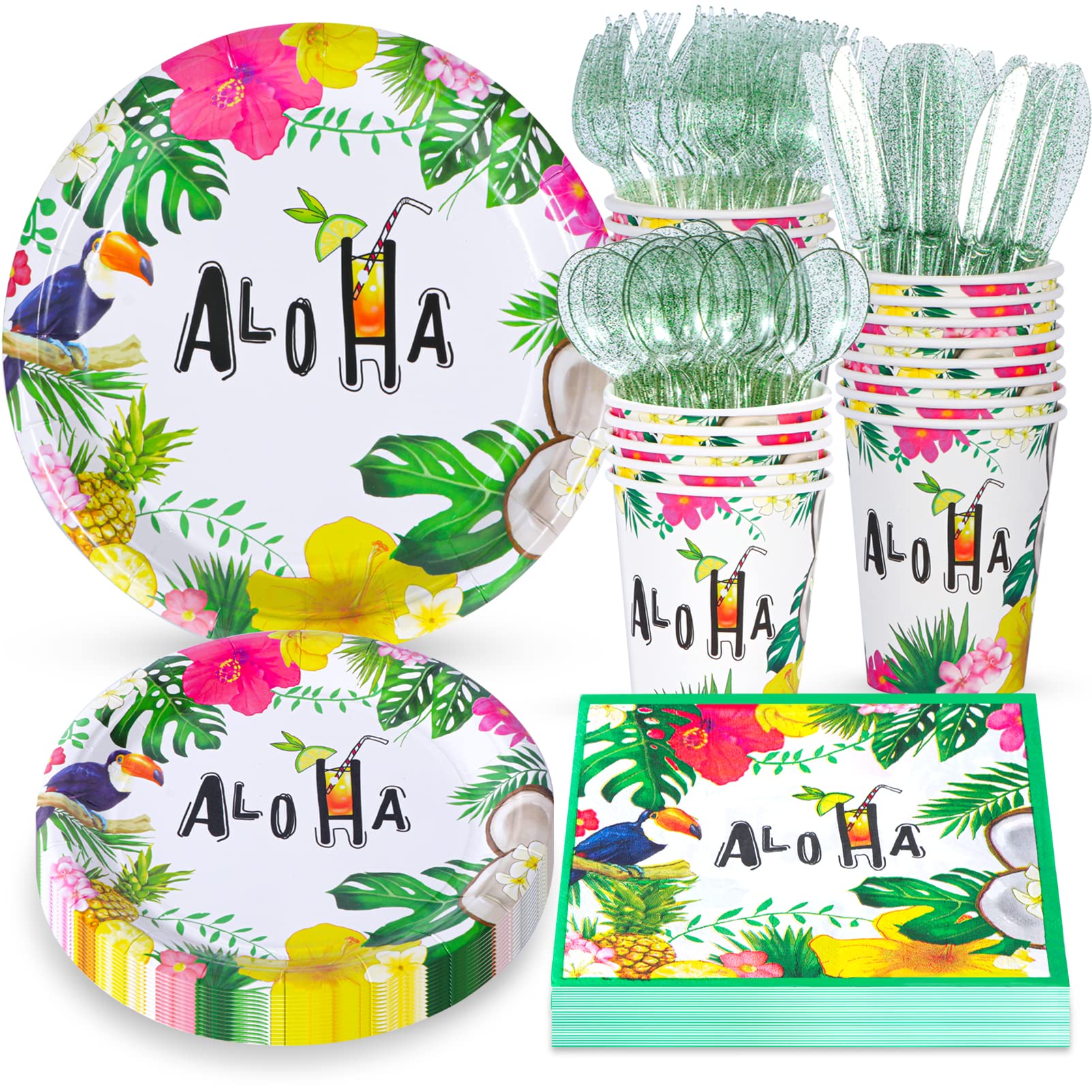 Atonofun Hawaiian Luau Party Supplies, Disposable Hawaiian Plates And Napkins Set, Aloha Party Plates And Cups, Napkins And Cutl