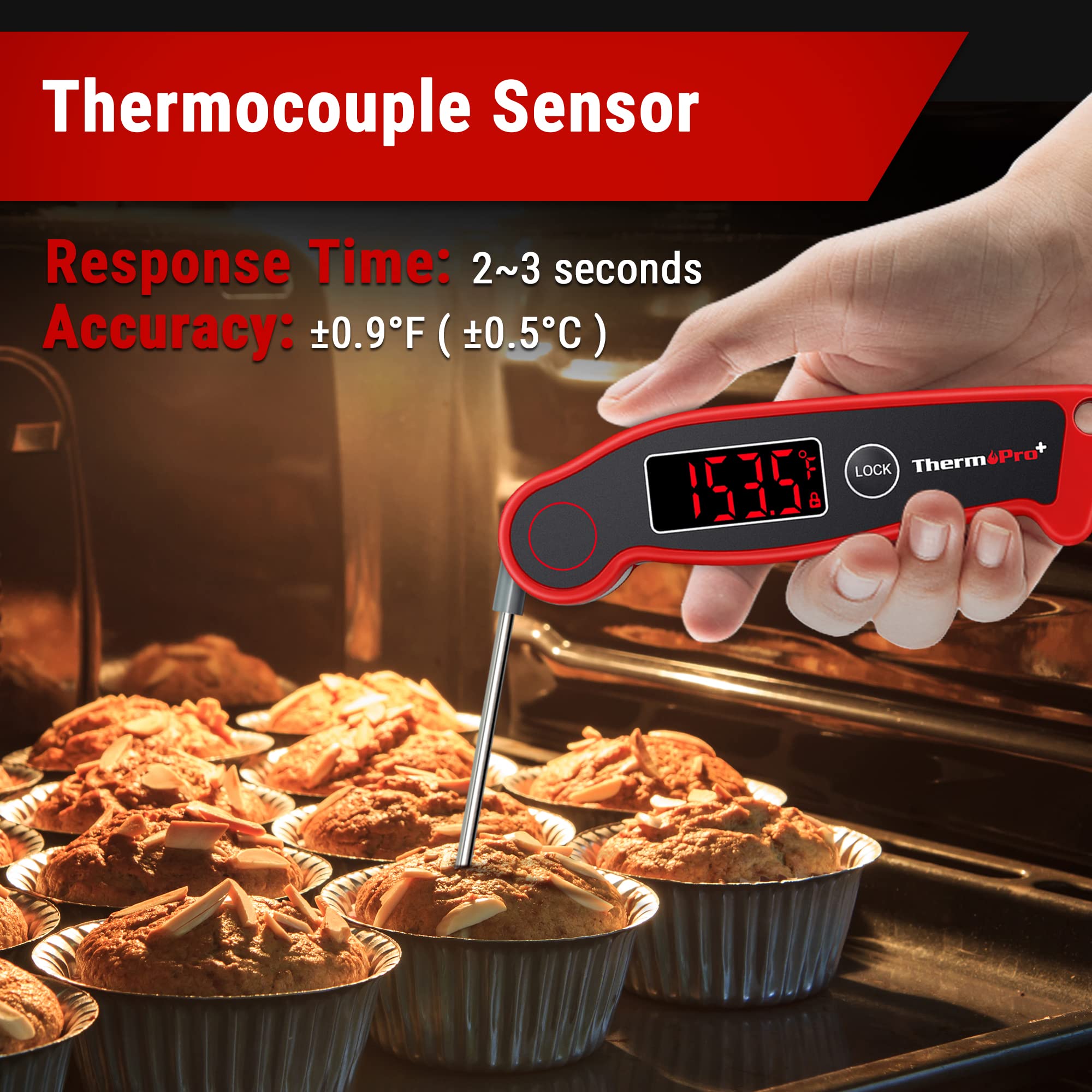 ThermoPro TP19 Waterproof Digital Meat Thermometer, Instant Read, Ambidextrous Backlit, Classic Red, for Grilling & Cooking