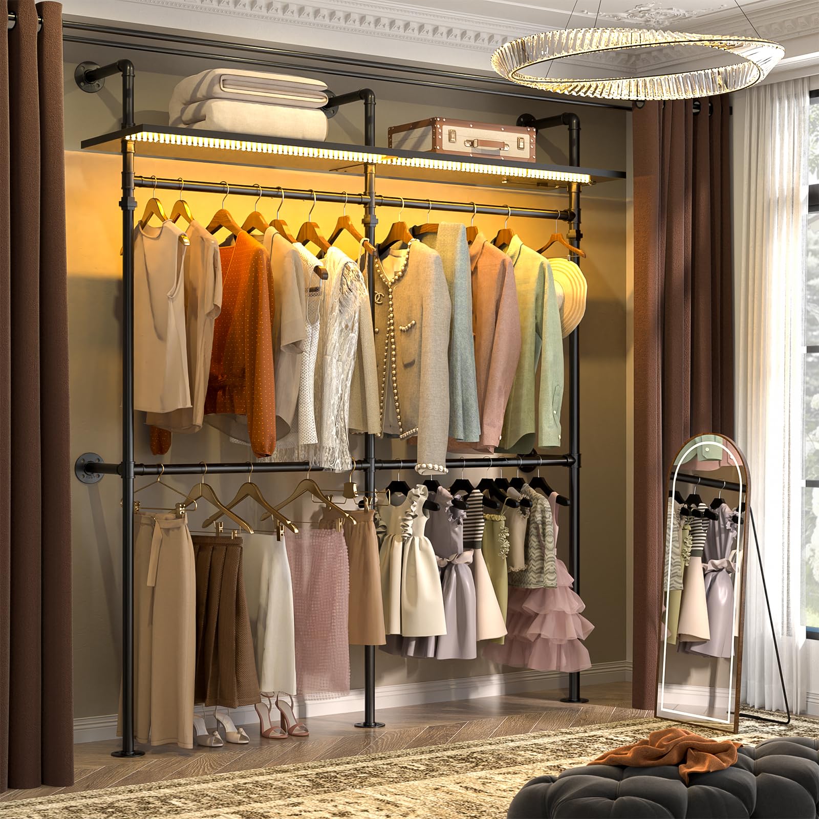 Aheaplus Industrial Pipe Clothing Rack, Reversible 79.7'' Clothes Rack For Hanging Clothes, Heavy Duty Garment Rack Closet Wardr