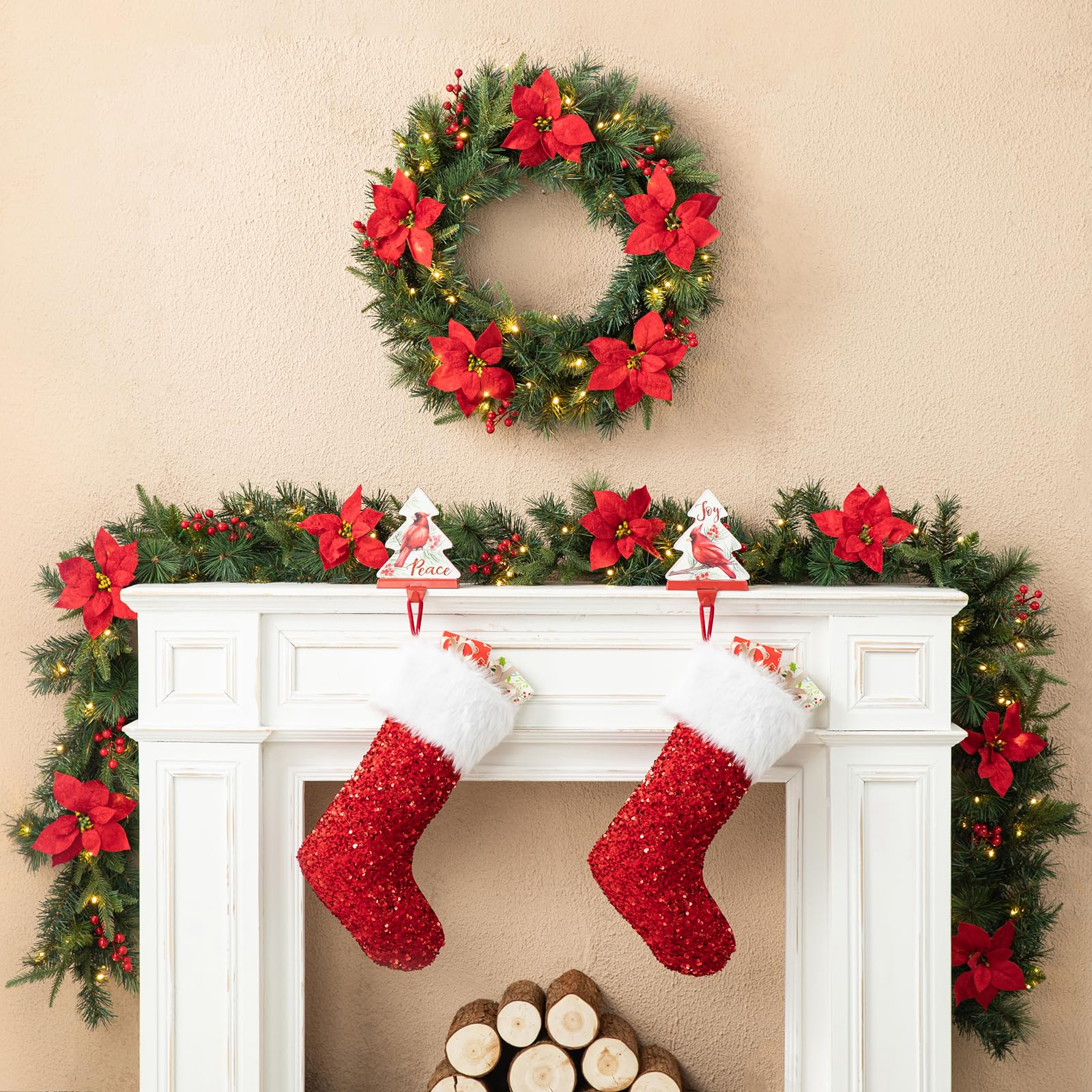 Glitzhome 2PCS Christmas Garlands for Mantle, 9ft Prelit Greenery Garlands Poinsettia and Red Berries Pine Garlands with 70 Warm