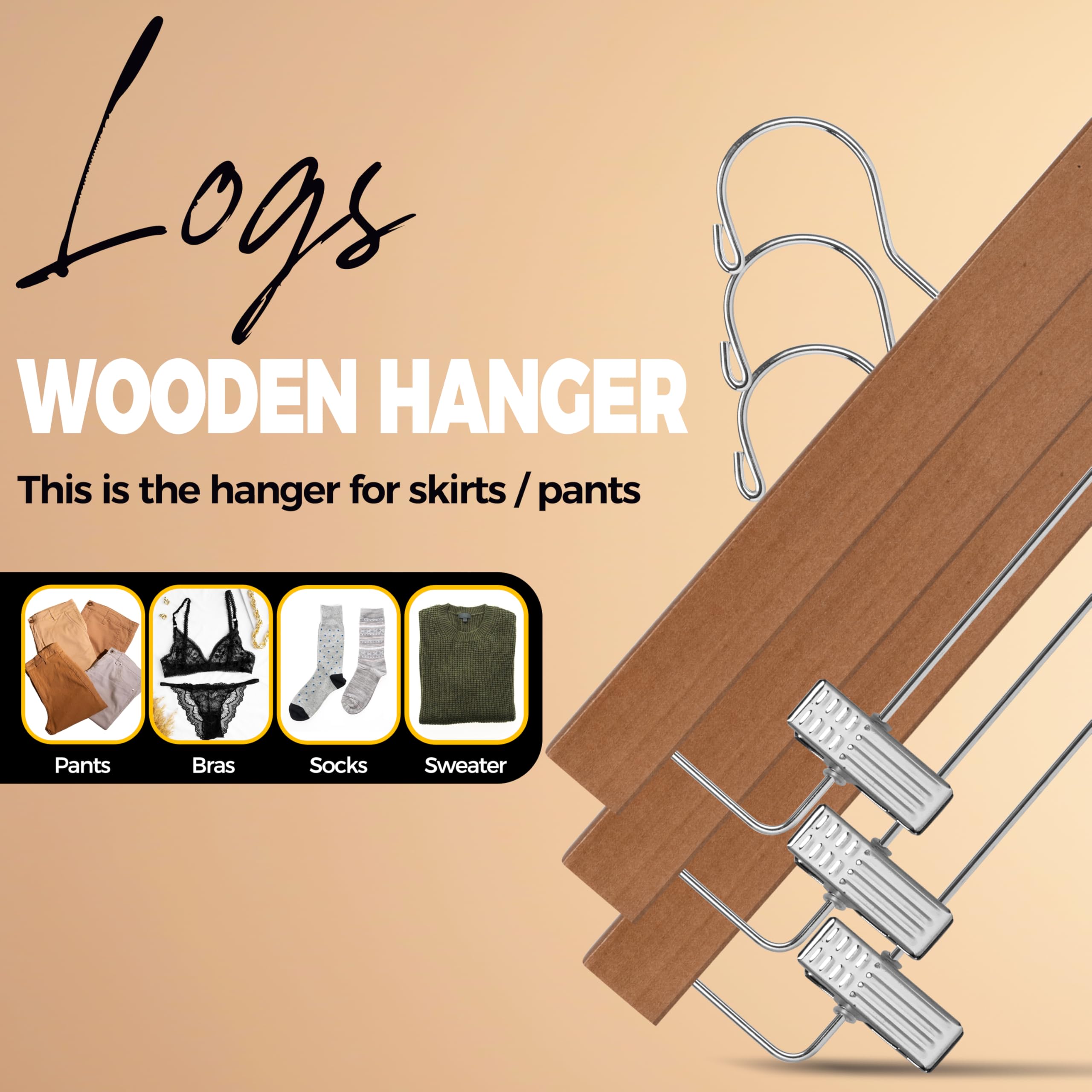 Quality Wooden Pants Hangers Skirt Hanger Jeans Hanger Bottom Hanger  Swivel Hook  Adjustable Clips (Walnut - Chrome Hook  10)