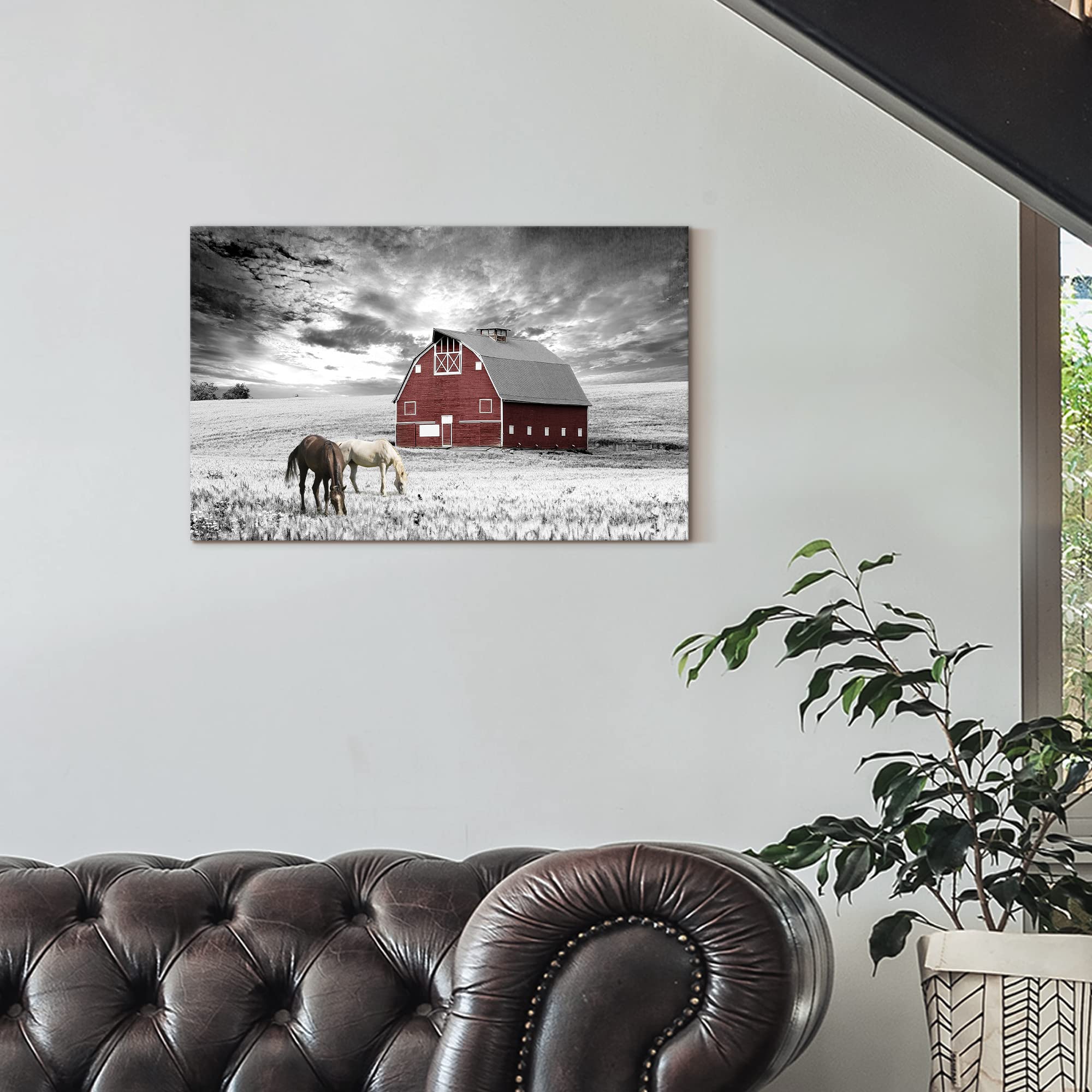 Sd Soft Dance Farmhouse Barn Canvas Wall Art: Black White Farm Landscape Pictures Country Scenery Artwork Horse Painting Prints