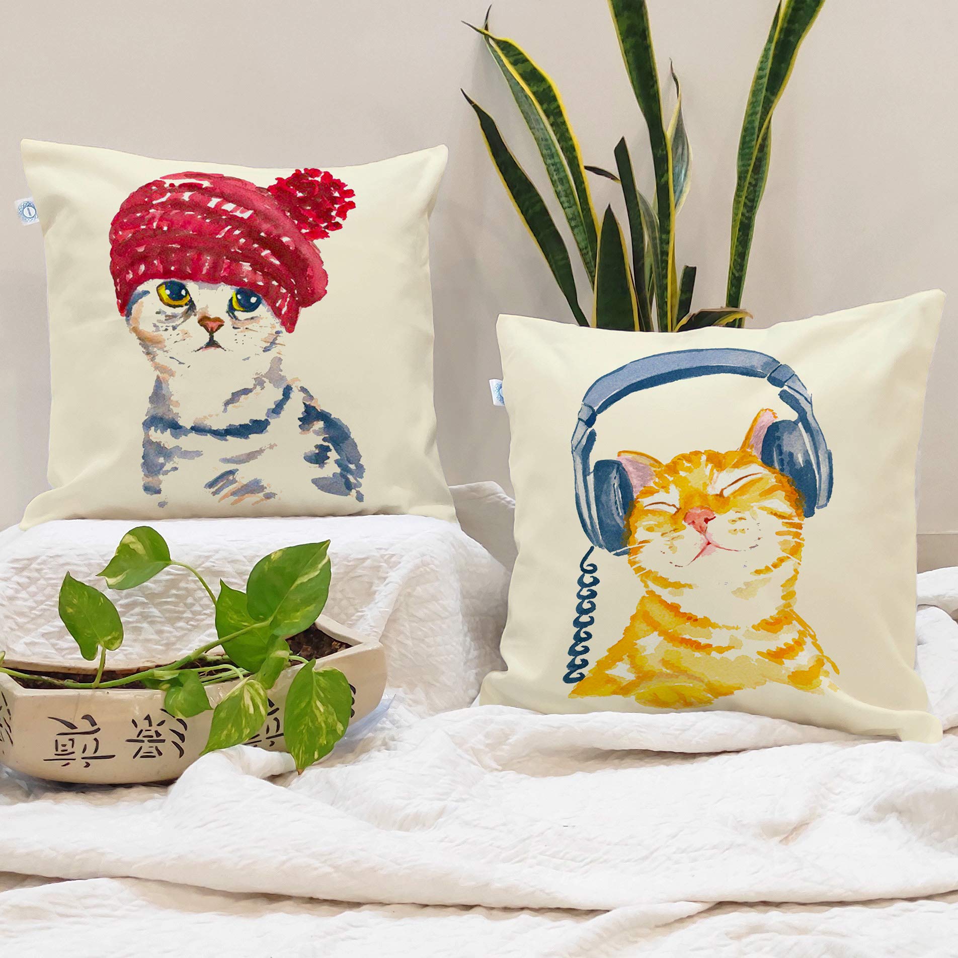 Stitchnest Set Of 2 Jute Cushion Covers - 16X16 Inches - Cute Cat In Beanie & Headphone Cat Prints - Designer Decorative Pillow 