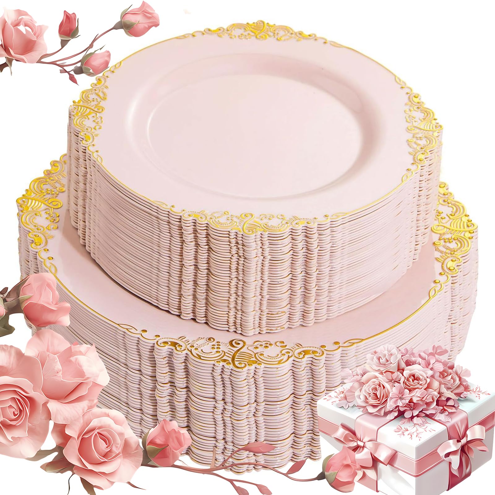 Joyido 102Pcs Pink Plastic Plates With Gold Rim - Pink Heavywight Disposable Dinner & Dessert Plates For 51 Guests Weddings & Va