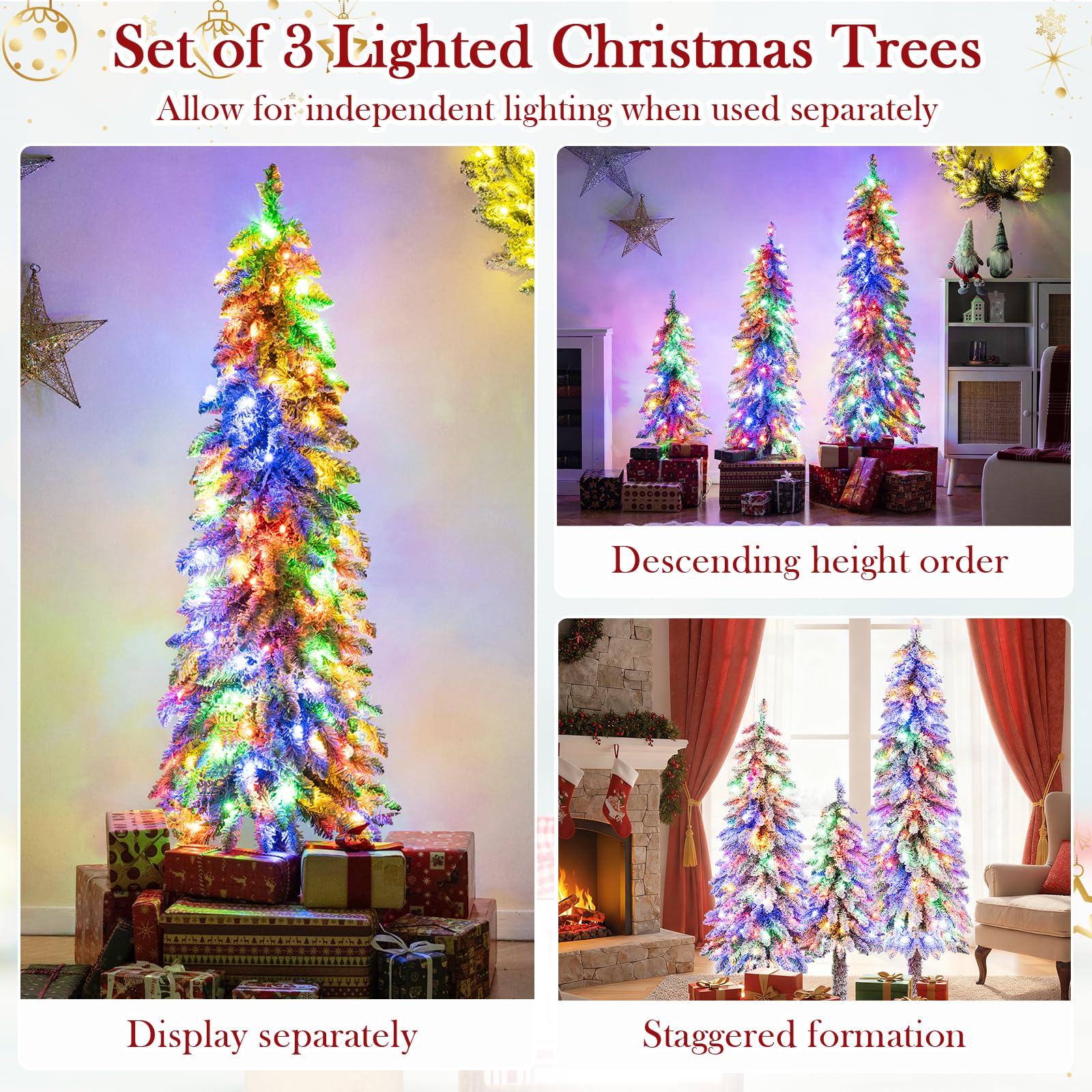 Goplus 3 4 5 Pre-Lit Snow Flocked Christmas Tree Set of 3, Slim Pencil Artificial Xmas Trees with 300 Multicolored LED Lights