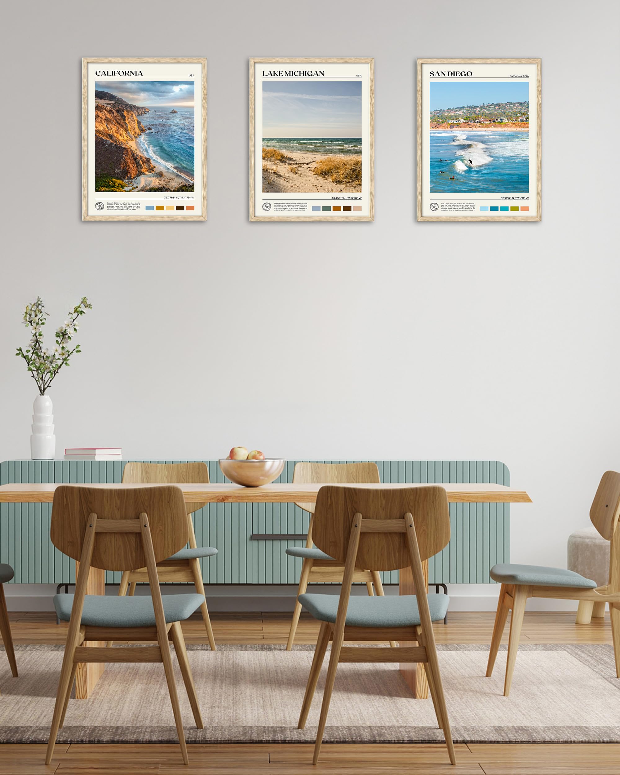 Hesendot Natural Oak Wood Coastal California Refers Framed Wall Art,12X16In Natural Seascape Canvas Wall Print,Classic Urban Lan