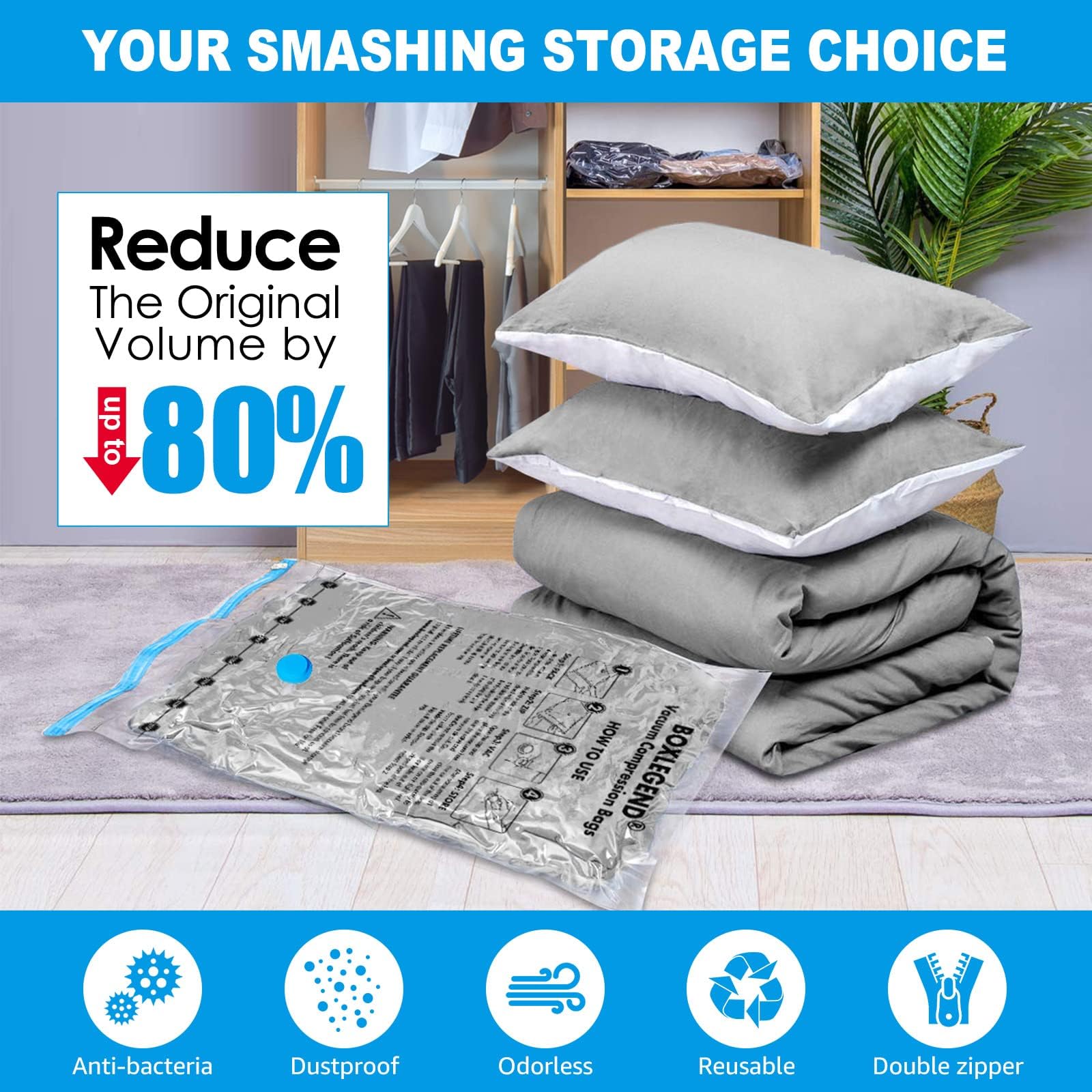BoxLegend Vacuum Storage Bags 10 Combo Vacuum Pack Bags Space Saving Double Zipper Seal & Leak Valve Reusable for Clothes Pillow