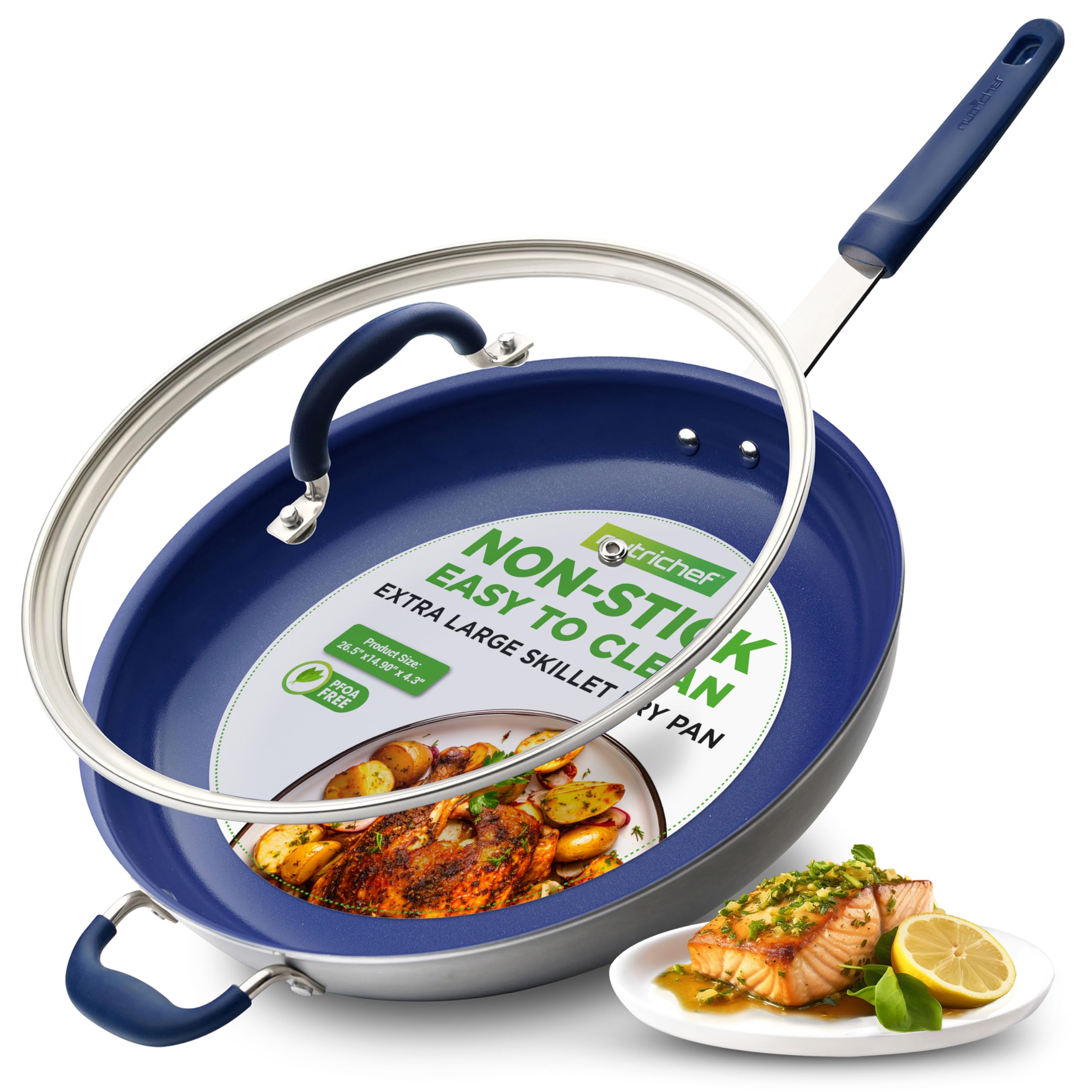 NutriChef 14 Fry Pan With Lid - Extra Large Skillet Nonstick Frying Pan with Silicone Handle, Ceramic Coating, Blue Silicone Han