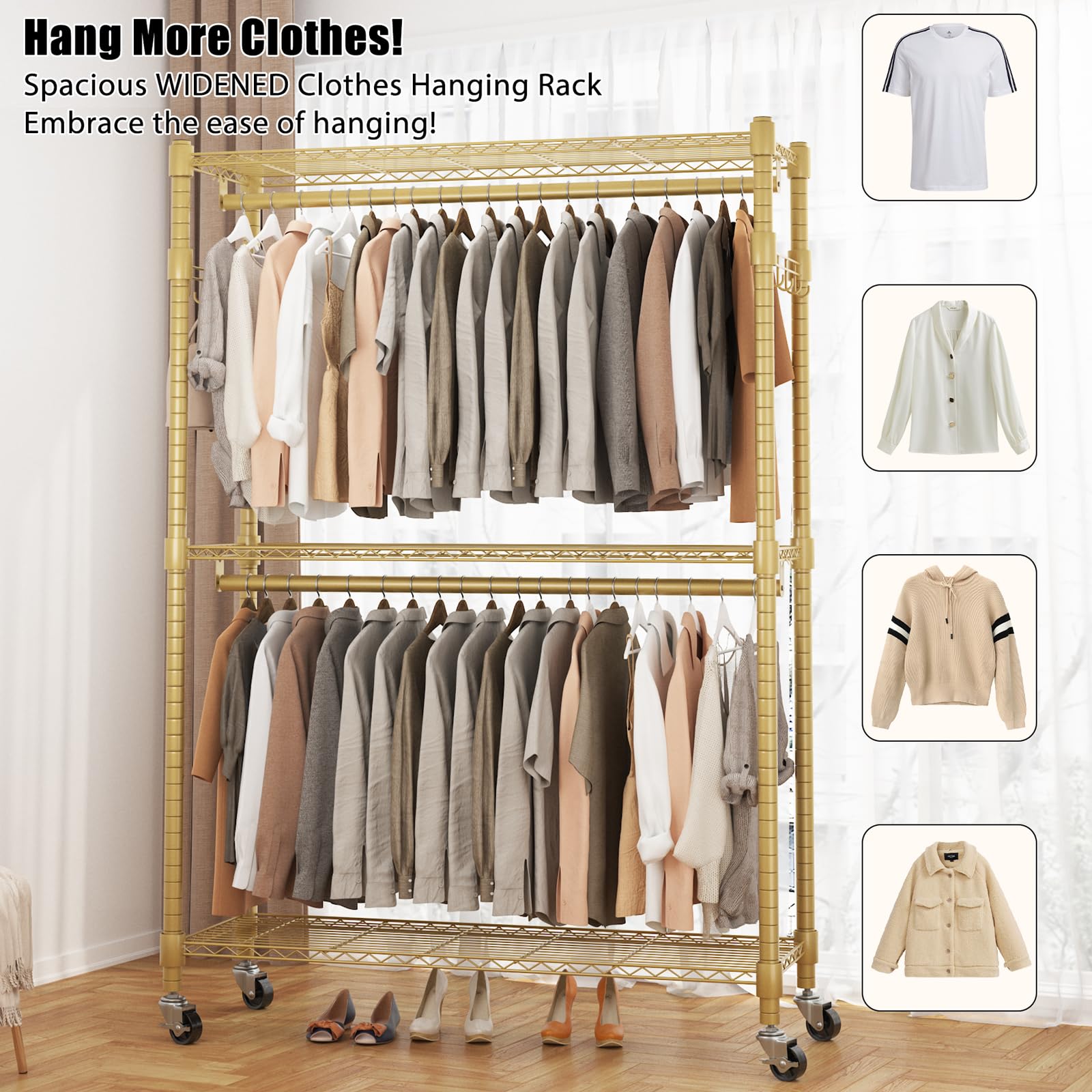 Bathwa Heavy Duty Garment Rack On Wheels, Rolling Clothes Racks For Hanging Clothes, Modern Closet Wardrobe Clothing Rack With 8