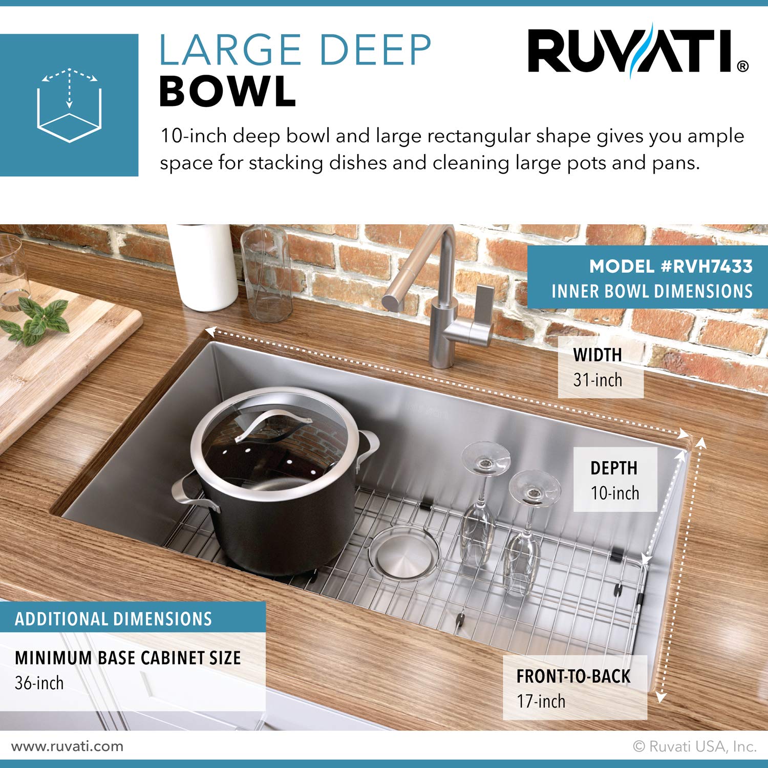 Ruvati 33-Inch Undermount 16 Gauge Tight Radius Large Kitchen Sink Stainless Steel Single Bowl - Rvh7433