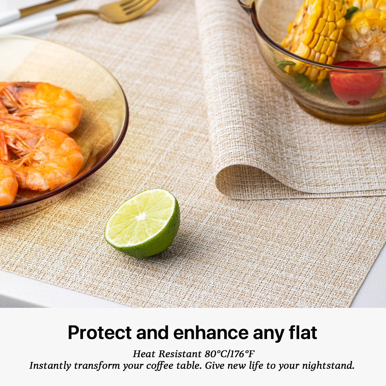 Lexmore Pvc Woven Placemats 8 Pcs Wipeable Indoor/Outdoor Table Mats Washable Vinyl Place Mat For Dining Table, Set Of 8-Beige