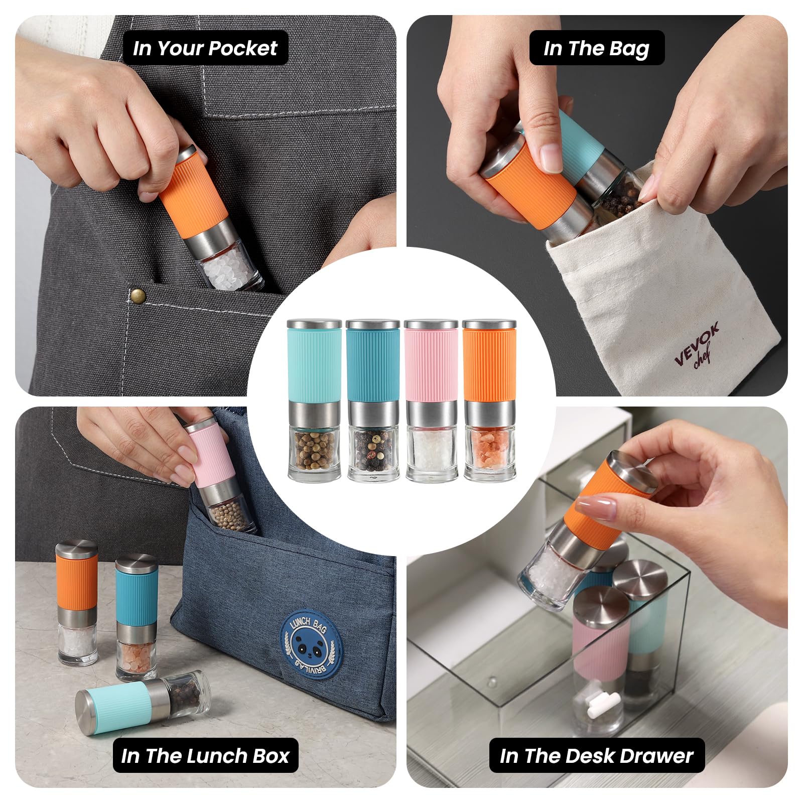 Vevok Chef Small Salt And Pepper Grinder 4Pcs Portable Mini Glass Salt Spices Grinder Ceramic Salt Black Pepper Shakers Tiny Pep