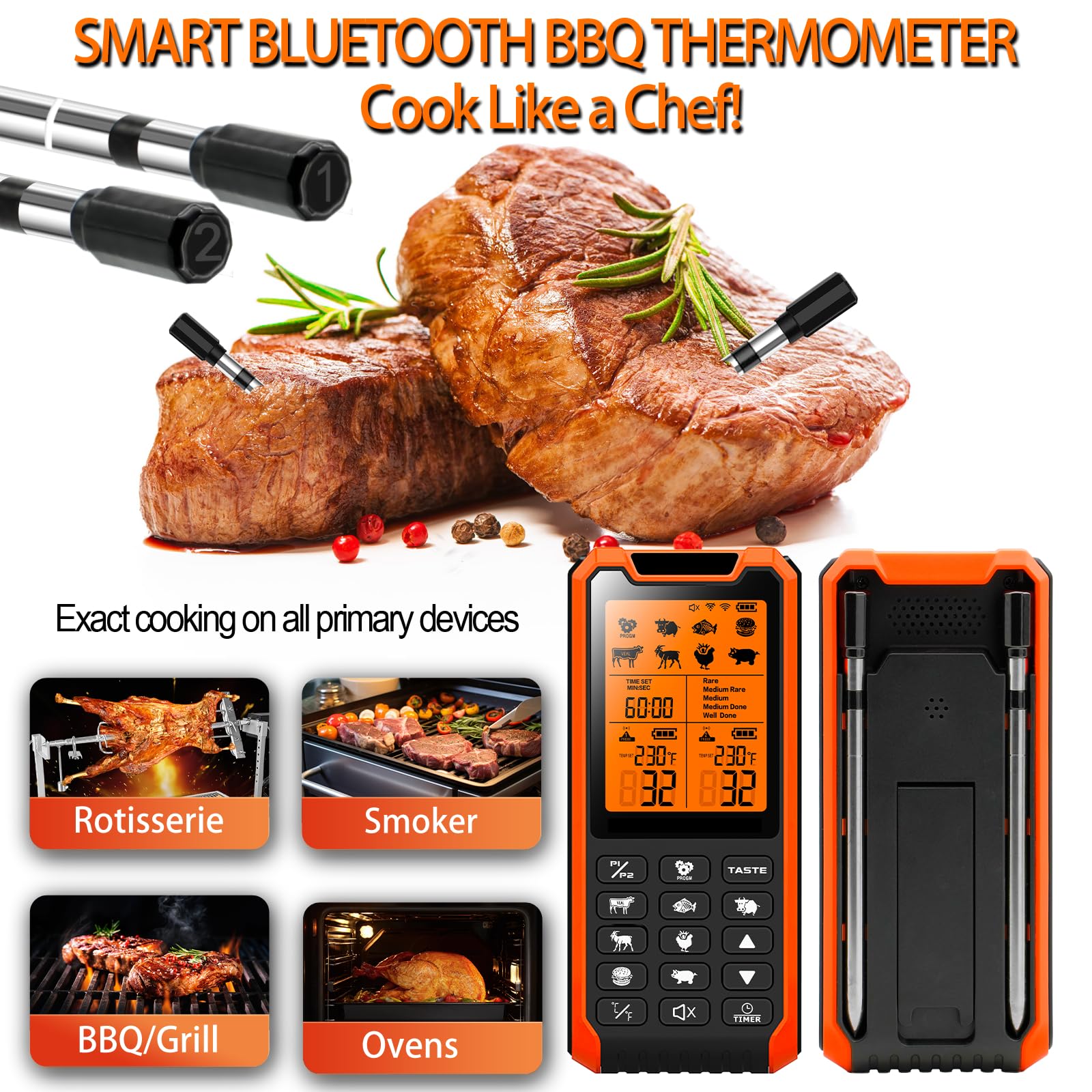 Vacuum Sealers Unlimited Smart Bluetooth Meat Thermometer - Long Range Wireless Food Thermometer, Temp Monitor With Dual Probes