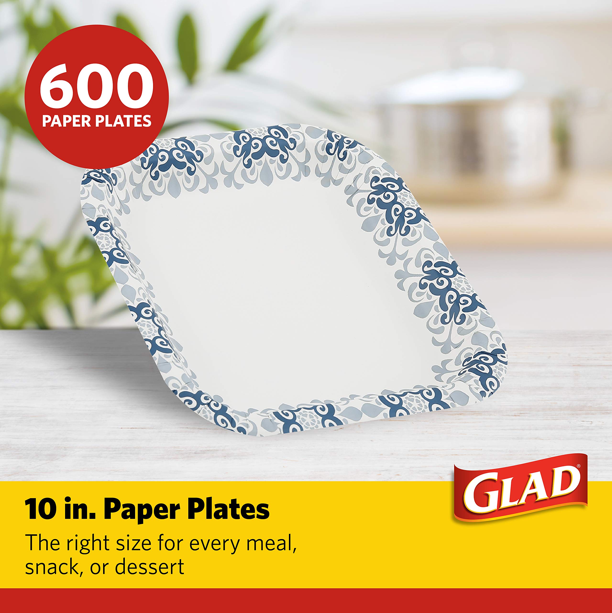 Glad 10 Square Paper Plates | Soak Proof Disposable Paper Plates | 50 Ct White Paper Plates With Blue Victorian Design, Strong