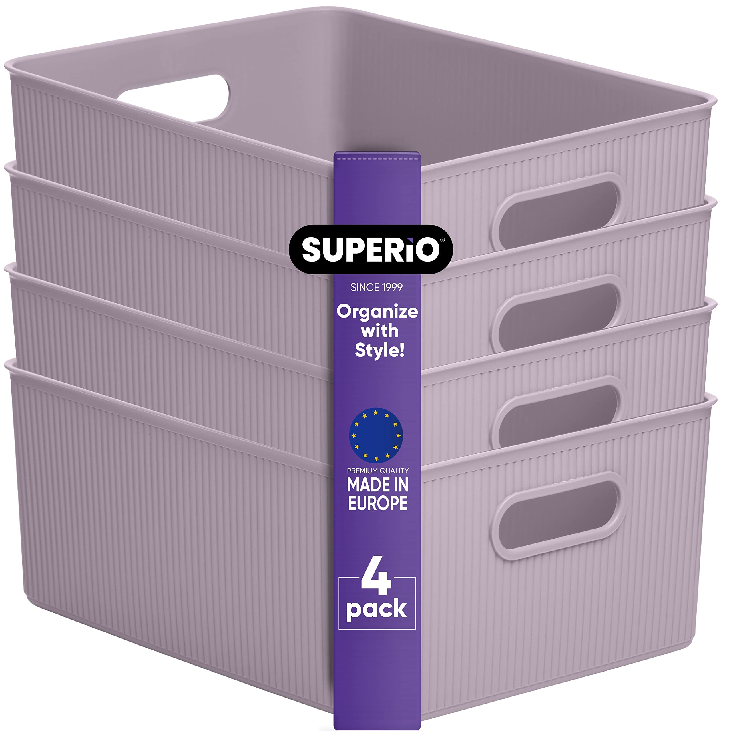 Superio Ribbed Collection - Decorative Plastic Open Home Storage Bins Organizer Baskets, Large Lilac Purple (4 Pack) Container B