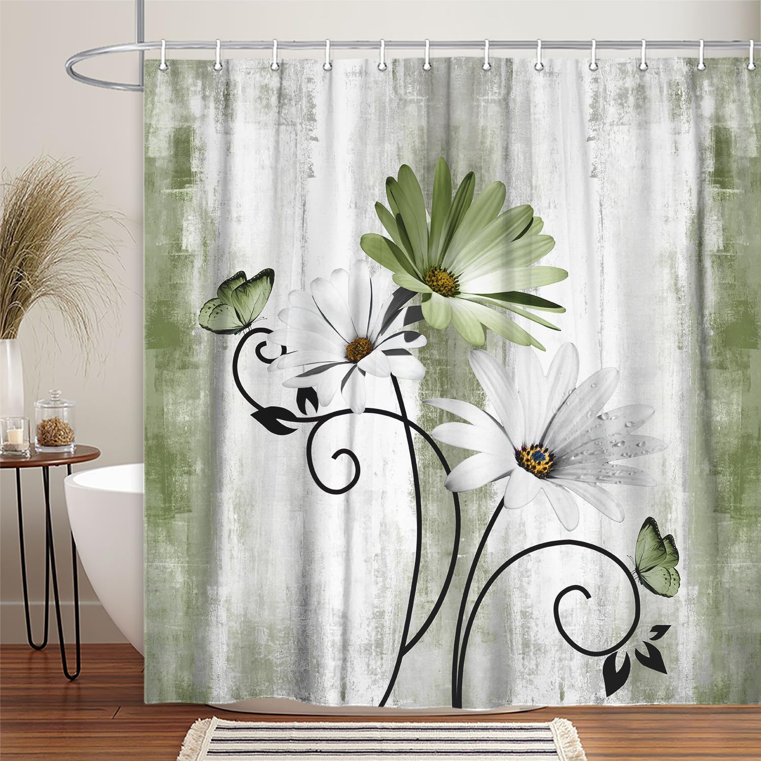 Rustic Farmhouse Shower Curtain, Farm Sage Green Daisy Floral Flowers And Butterfly On Country Wooden Forest Green Shower Curtai