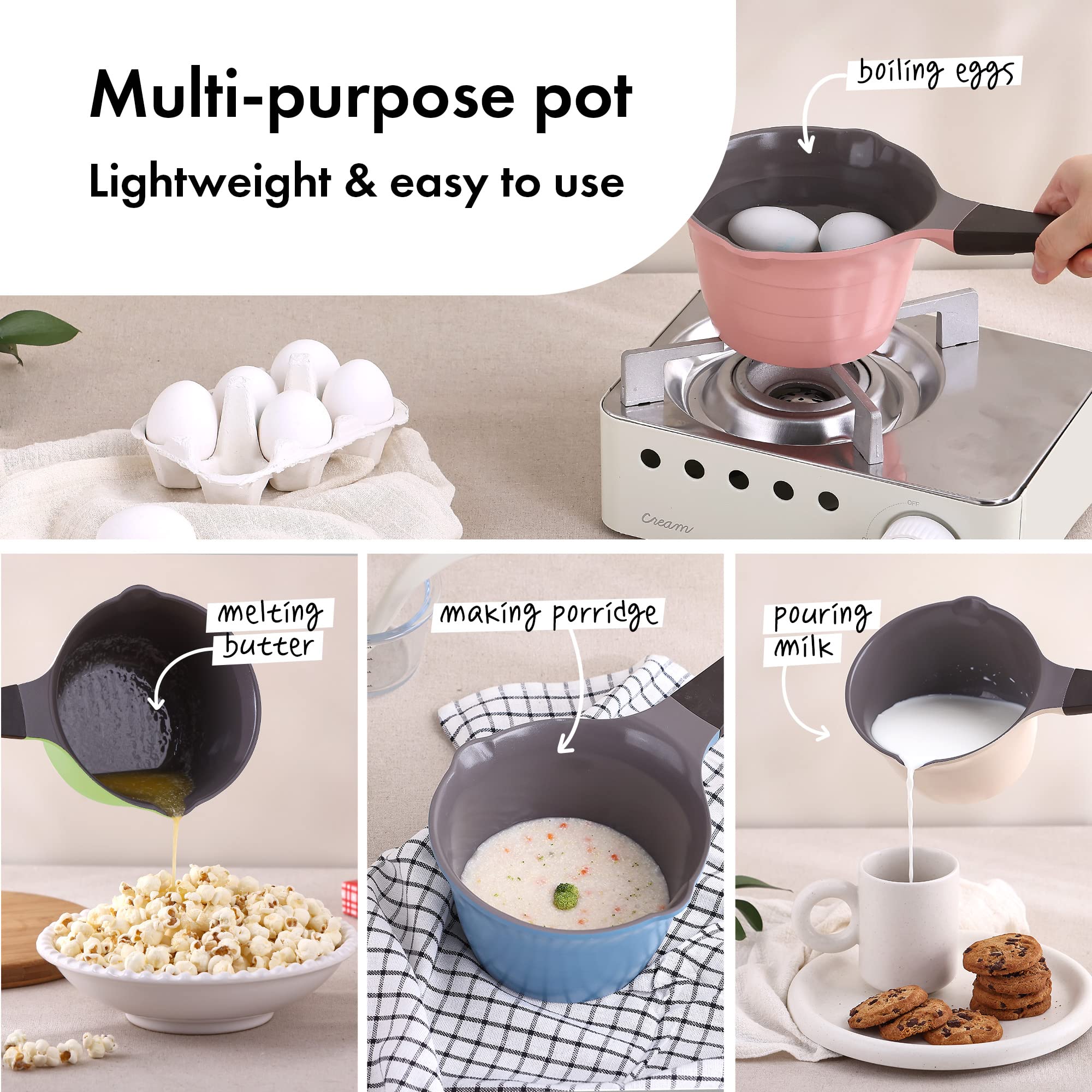 Neoflam 1qt Ceramic Saucepan Butter Warmer - PFOA-Free Nonstick, Pink, Model 51405, 2 Pour Spouts, Dishwasher Safe