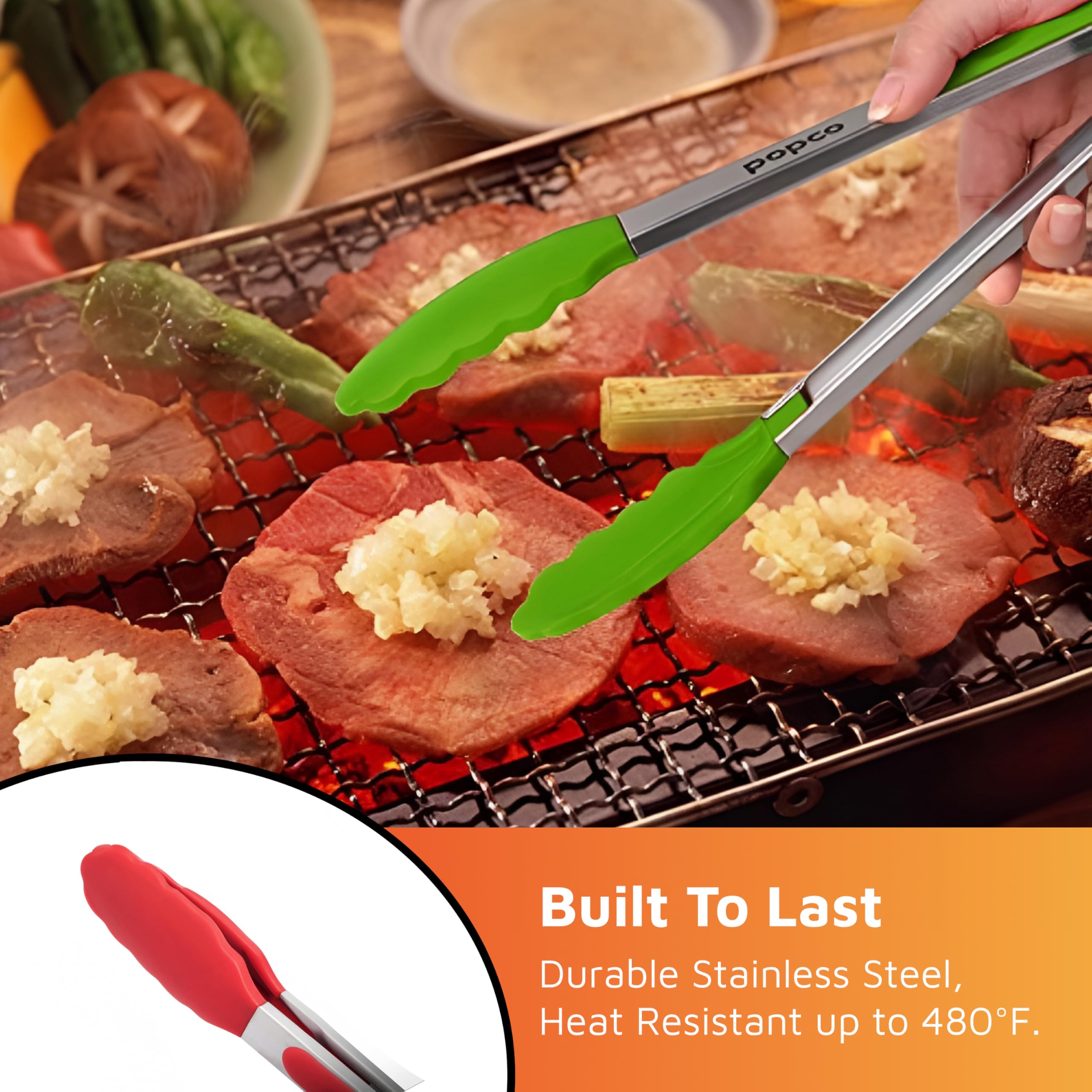 Popco Silicone Tongs for Cooking (3 food tongs x 7/9/12'') Heavy Duty Stainless Steel BBQ Kitchen Tongs for Cooking  Grilling  Cooking Tongs  Kitchen Tongs with Silicone Tips  Salad Tongs  Rubber Tongs