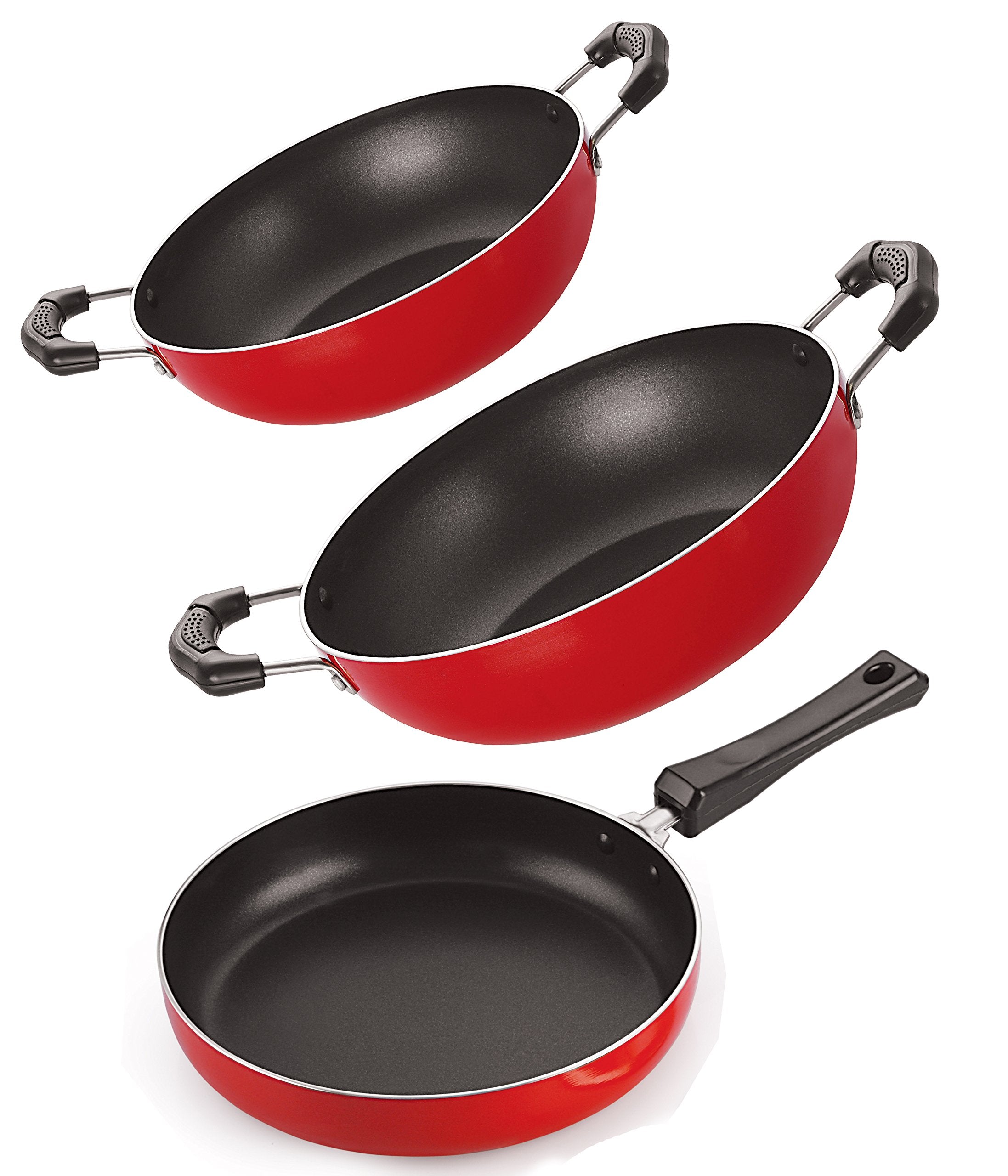 Nirlon NonStick Frying Pan And Kadai Combo Kitchenware Set With Stainless Steel Lid, 2.6Mm_Fp10_Kd12_Kd13