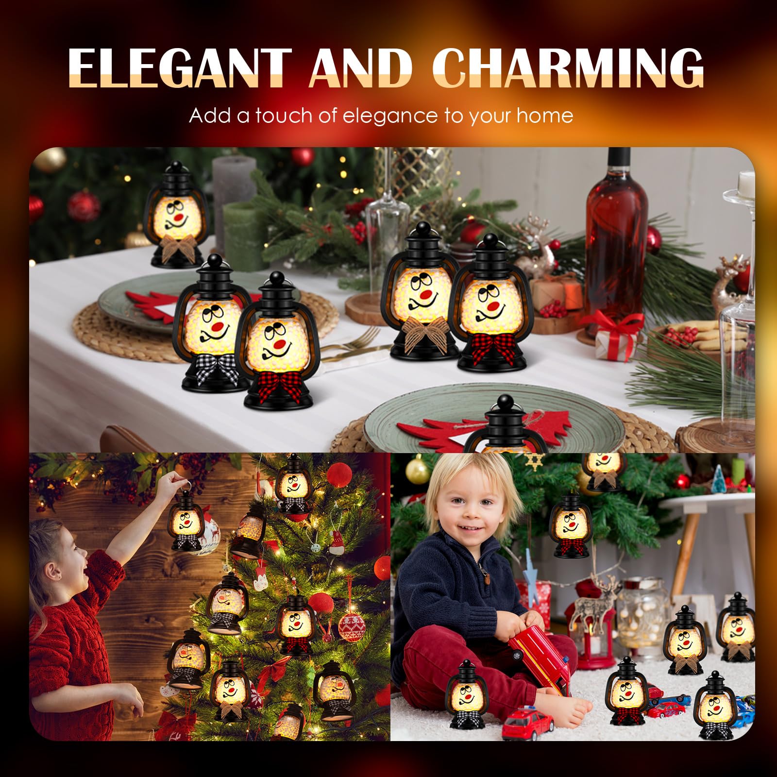 ROCEEI 12 Pcs Christmas Mini Snowman Lanterns Decorative with Flickering LED Candles Buffalo Plaid Bow Small Winter Portable Tab