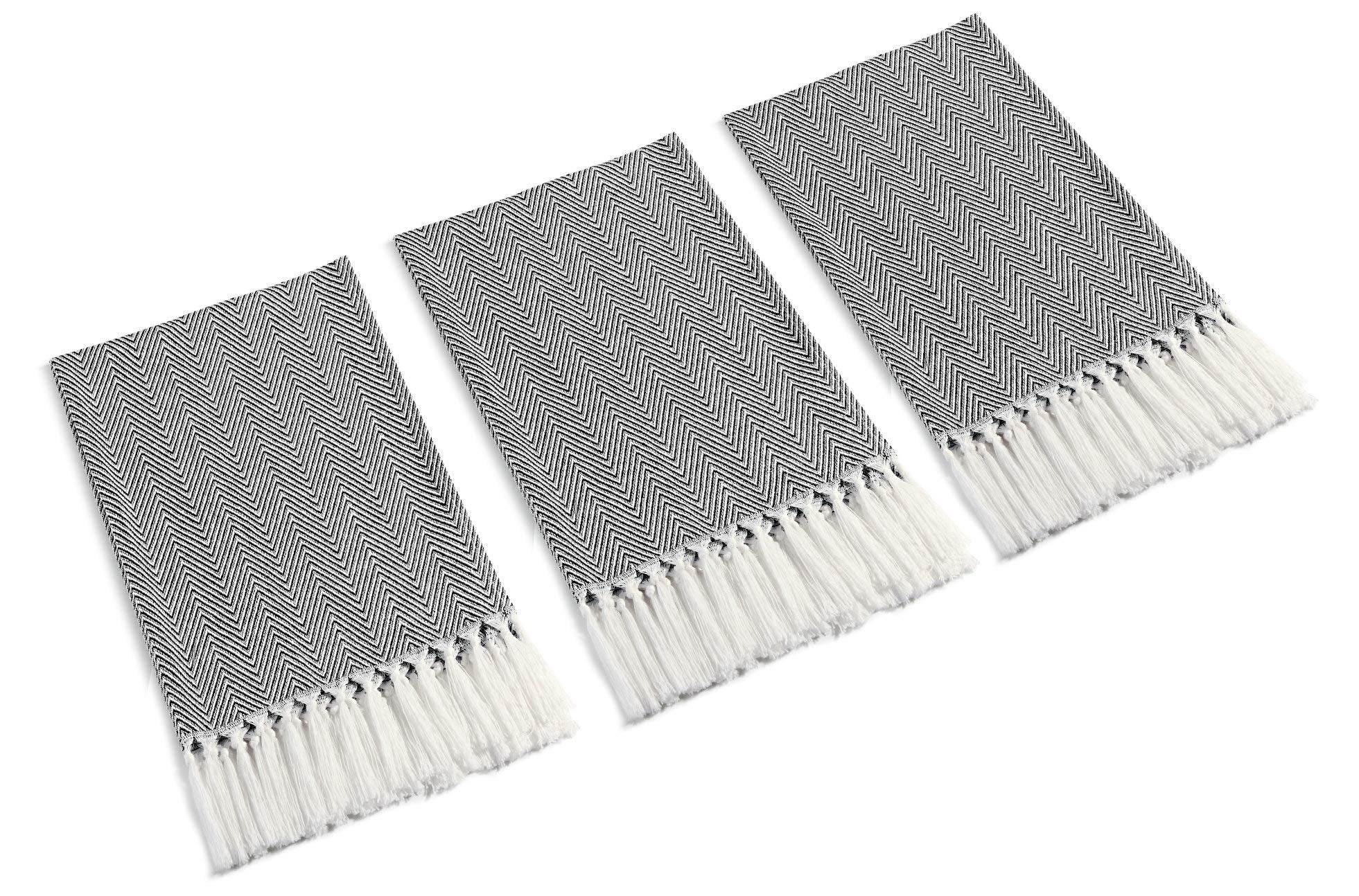 Mia 'Sdream Tassels Cotton Bath Hand Towel Set Kitchen Tea Towel Dish Towels Set Napkin Washcloth 3 Pack 16Inch X 24Inch Black