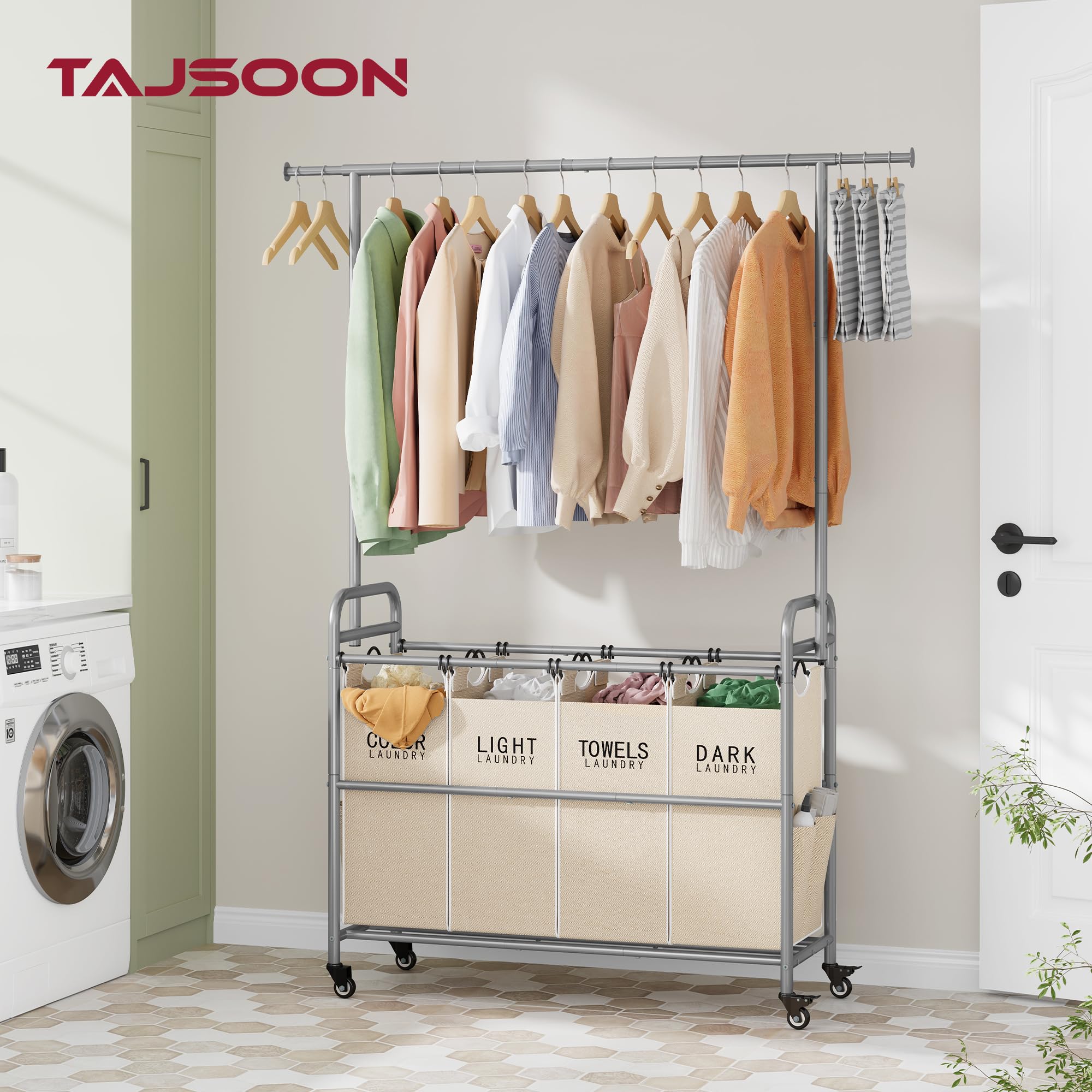Tajsoon Laundry Hamper With Hanging Rack, Laundry Sorter 4 Sections, 4 Basket Butler With Lockable Wheels And Removable Bag, Rol