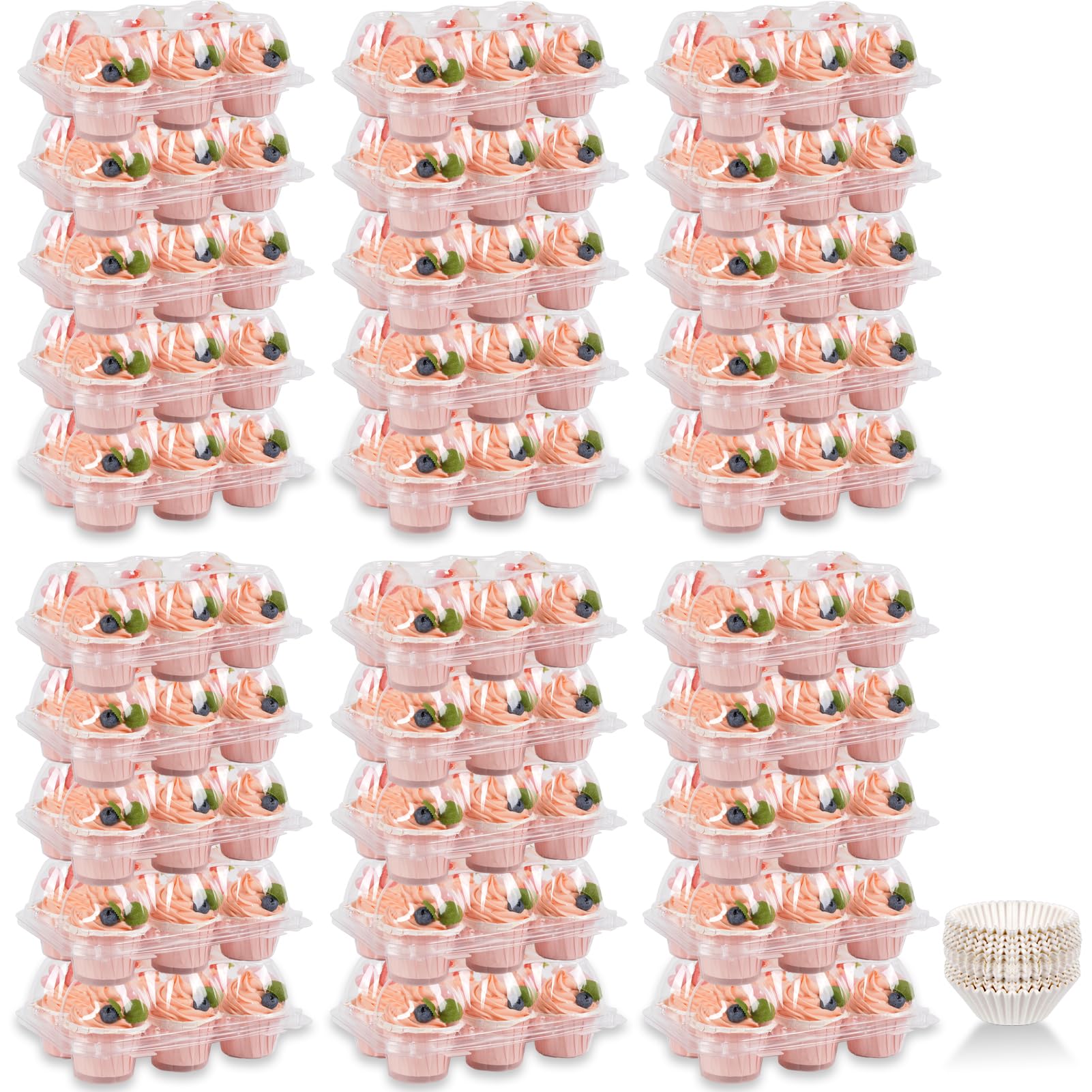 Mini Cupcake Container Boxes Holder  6 Counts Carrier with 200 Pack Liners