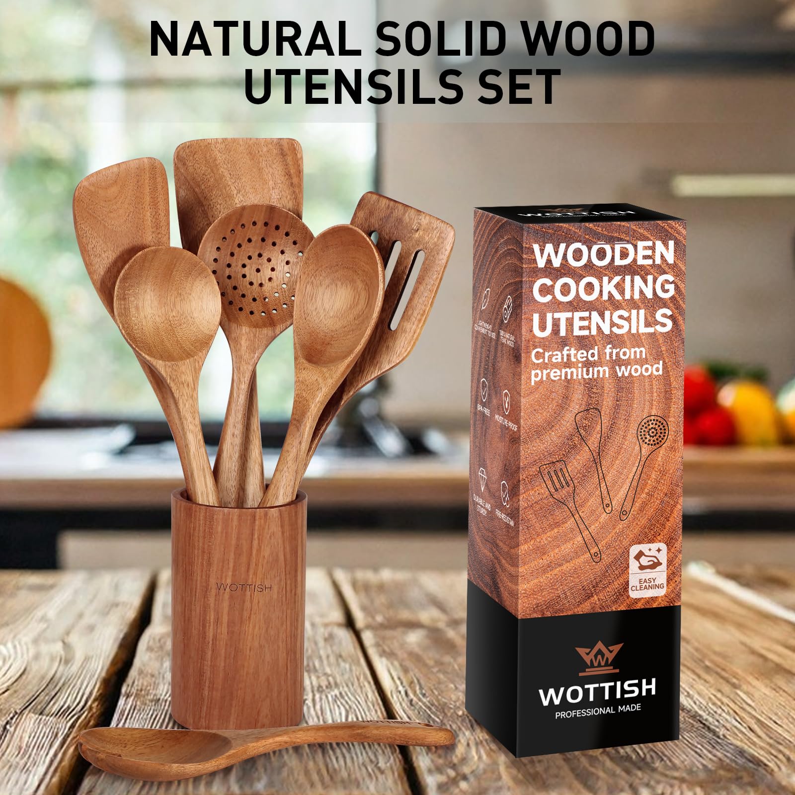 Wooden Spoons For Cooking - 8-Piece Wooden Kitchen Utensil Set Made Of Natural Solid Wood Material - Includes Spoons, Spatulas,