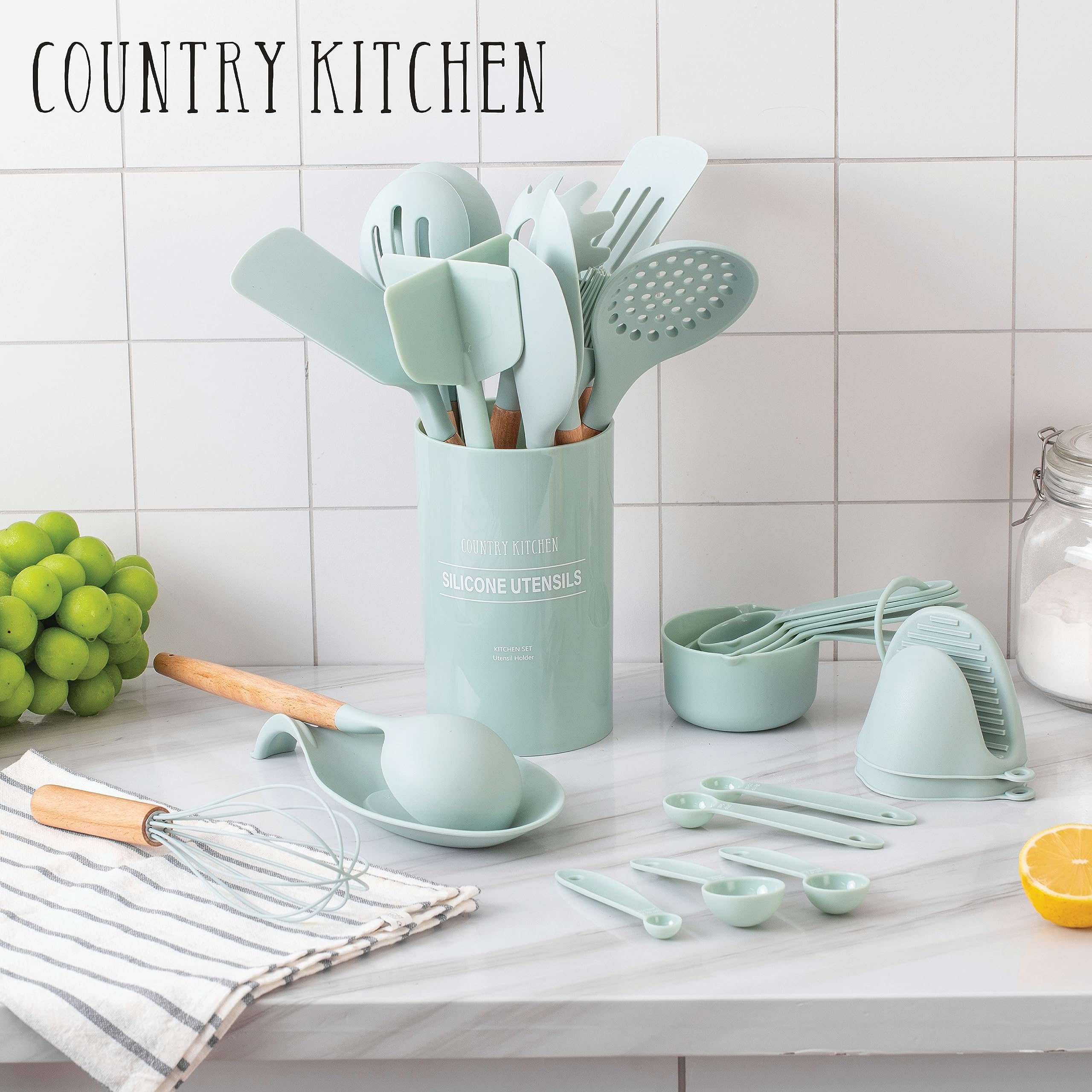 Country Kitchen Non Stick Silicone Utensil Set With Rounded Wood Handles For Cooking And Baking, 38 Piece Set, Mint