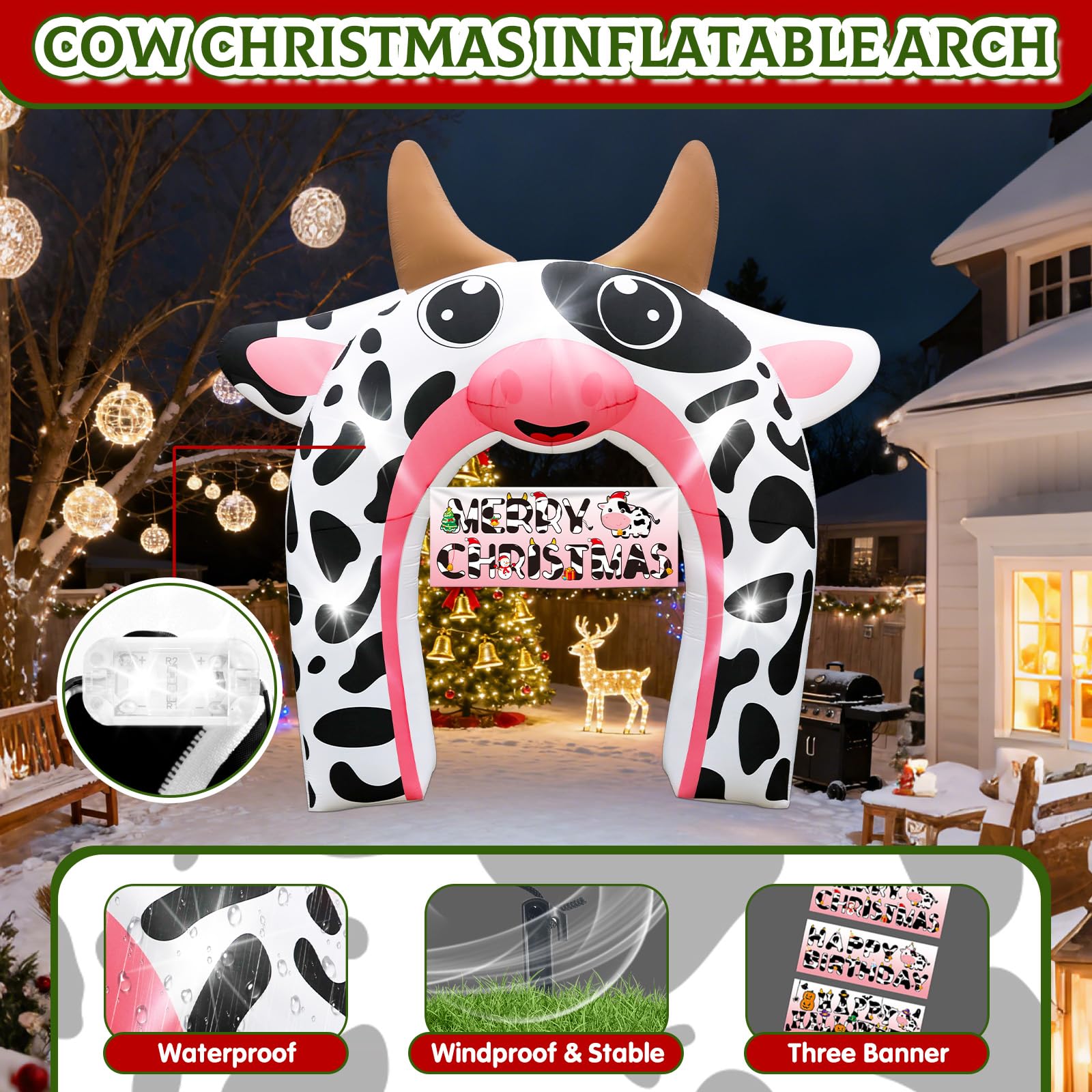 12FT Christmas Inflatable Cow Arch Outdoor Decorations Giant Cow Inflatables with Built-in 5 LED Lights Farm Animals Blow Up Gar