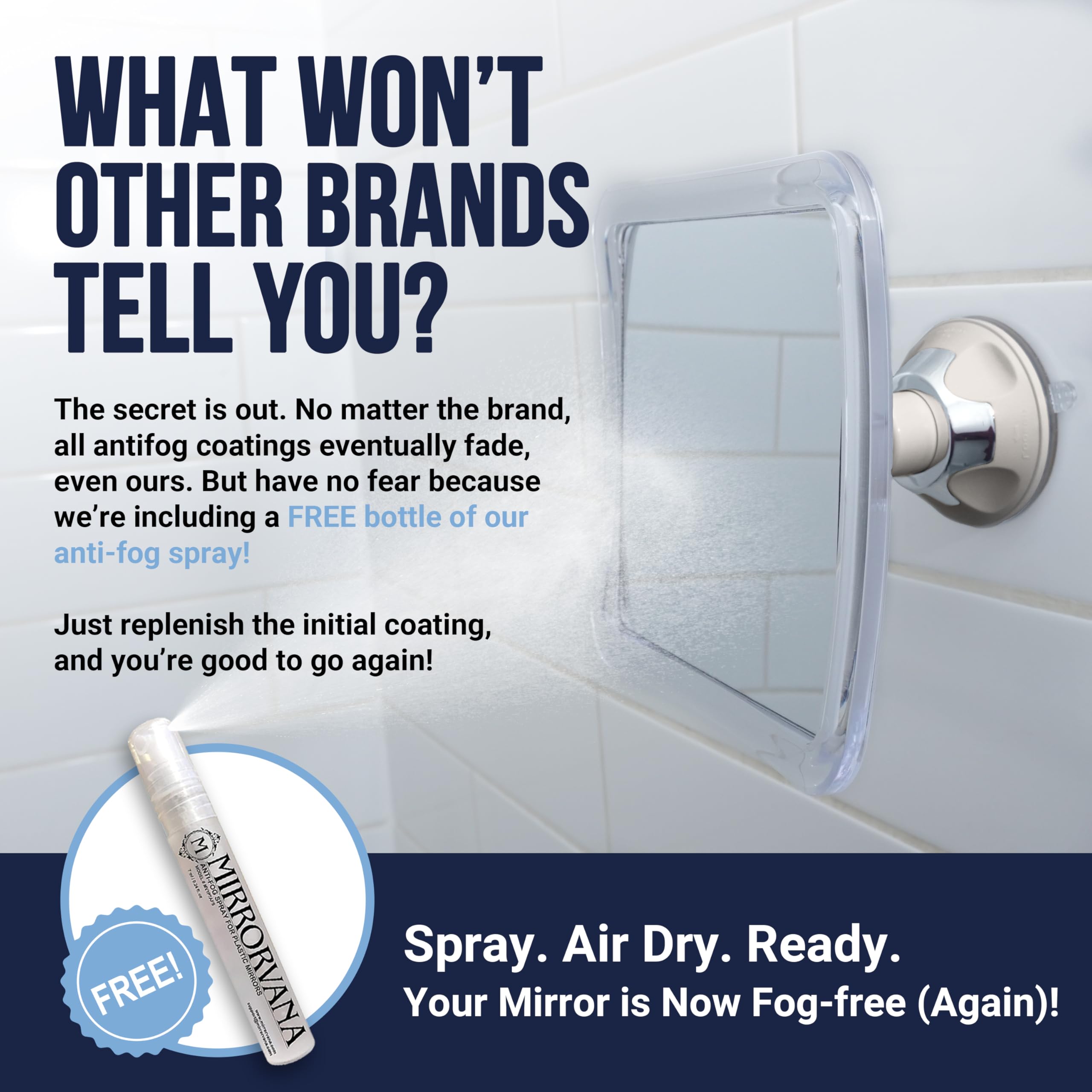 Mirrorvana Fogless Shower Mirror For Shaving With Upgraded Suction-Cup, 1X Magnifying, 6.3 X 6.3 Inch (Translucent Frame, Grey S