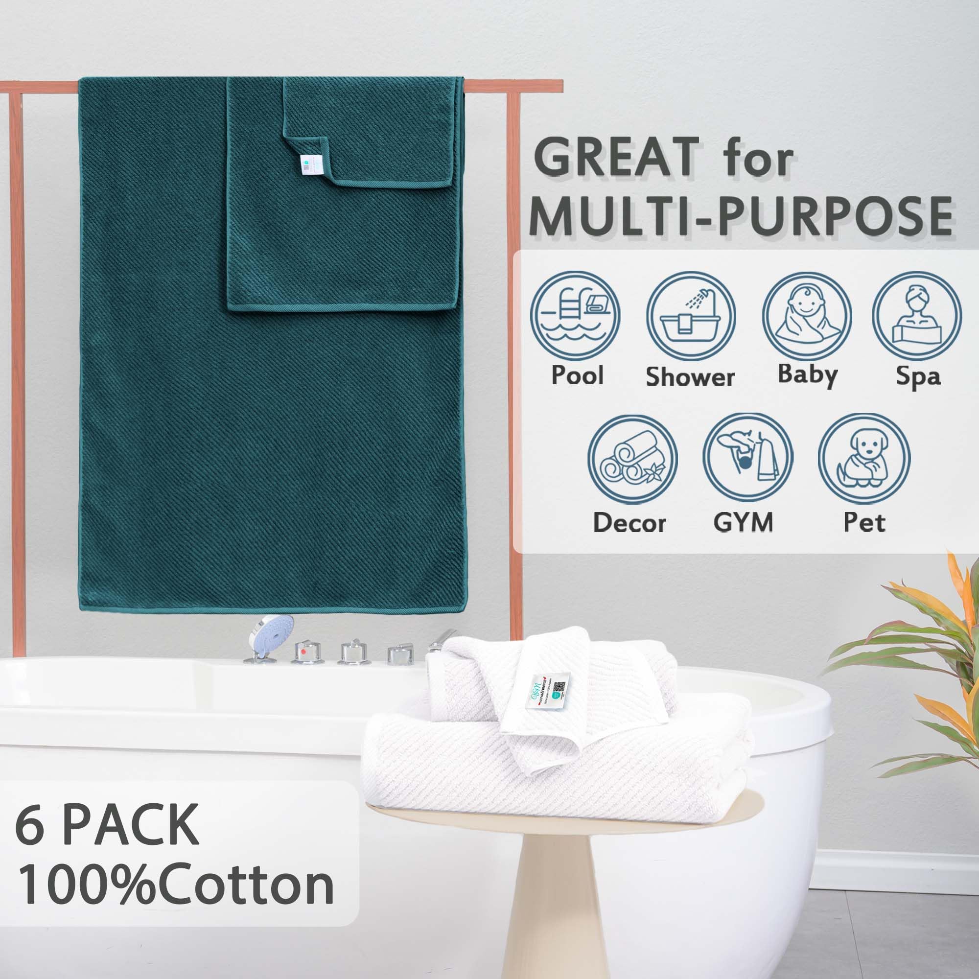 Towels For Bathroom - 100% Cotton | Quick Dry | Light Weight | Thick | Soft, 6 Piece Towel Set, 2 Large Bath 30''X56'', 2 Hand 1