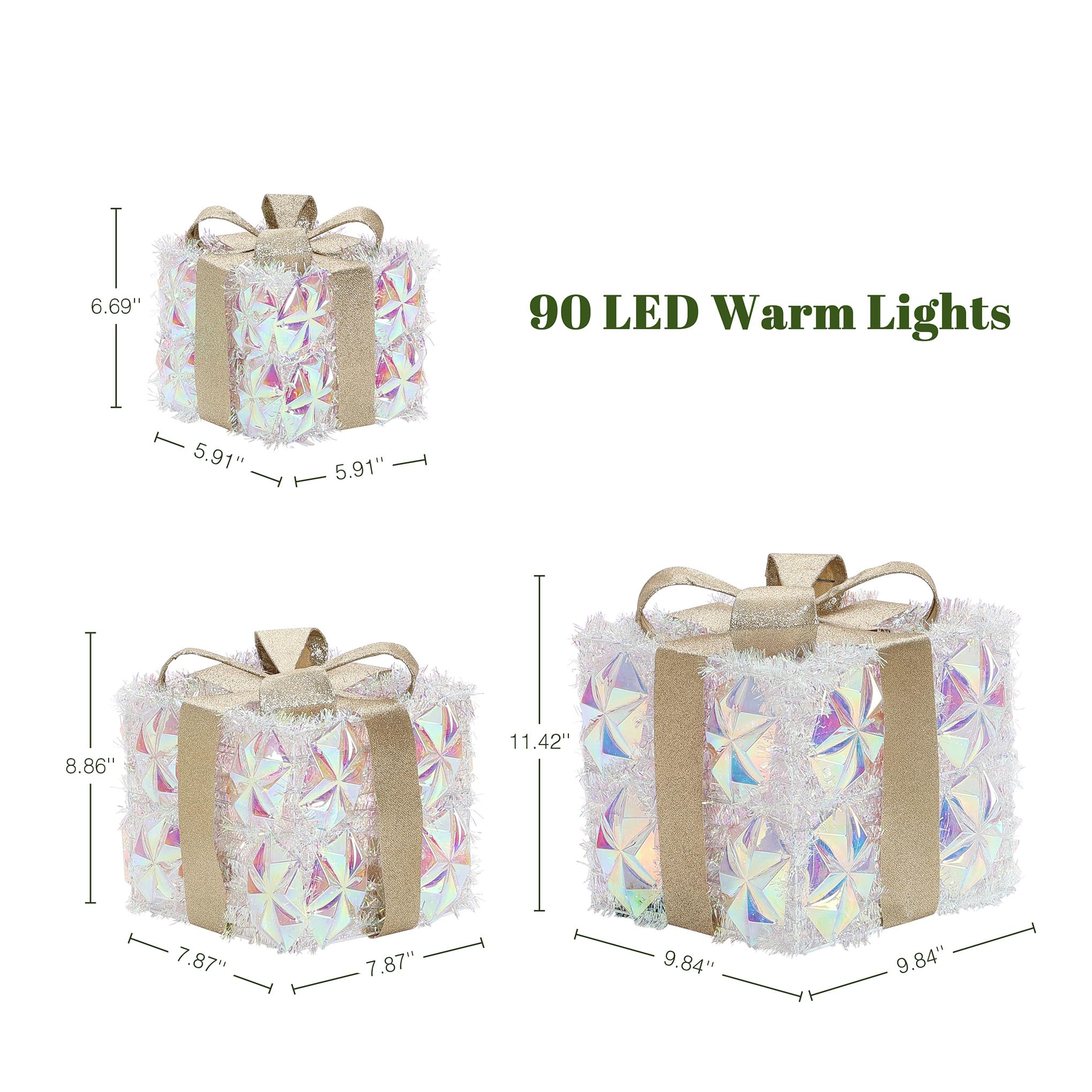 LuxenHome Set of 3 Lighted Gift Boxes, Plug-in Silver Prism with Gold Ribbon Bow Boxes with 70 LED Lights for Entryway, Lawn, Po