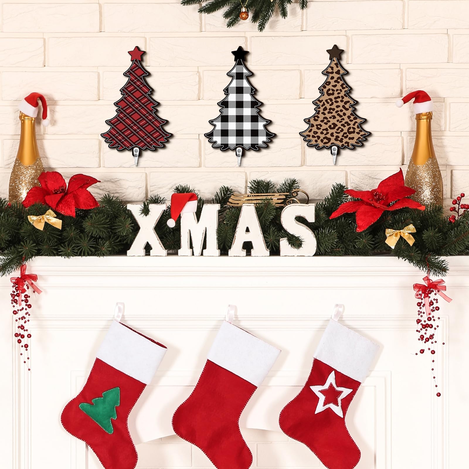 3 Pcs Christmas Stocking Holder Set 8.7 Inches Wooden Christmas Tree Hangers Decorative Xmas Towel Rack Decorative Wall Hook Sto