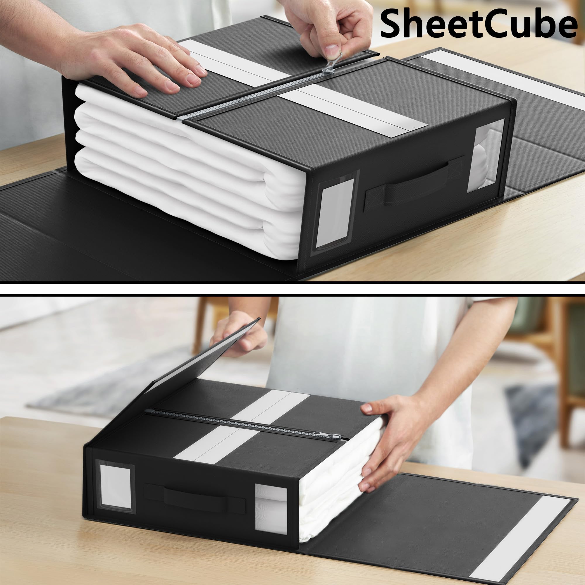 SheetCube Bed Sheet Organizers and Storage 6 Pack, Foldable Linen Closet Organizer with Window and Label, Bedding Folder Storage