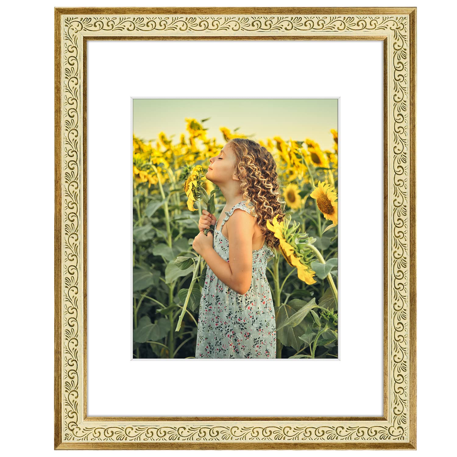 Golden State Art, 11x14 Photo Frame with Mat for Pictures 8x10 and Real Glass (Antique Gold with White Color Mat, 1.25 Inch Fram