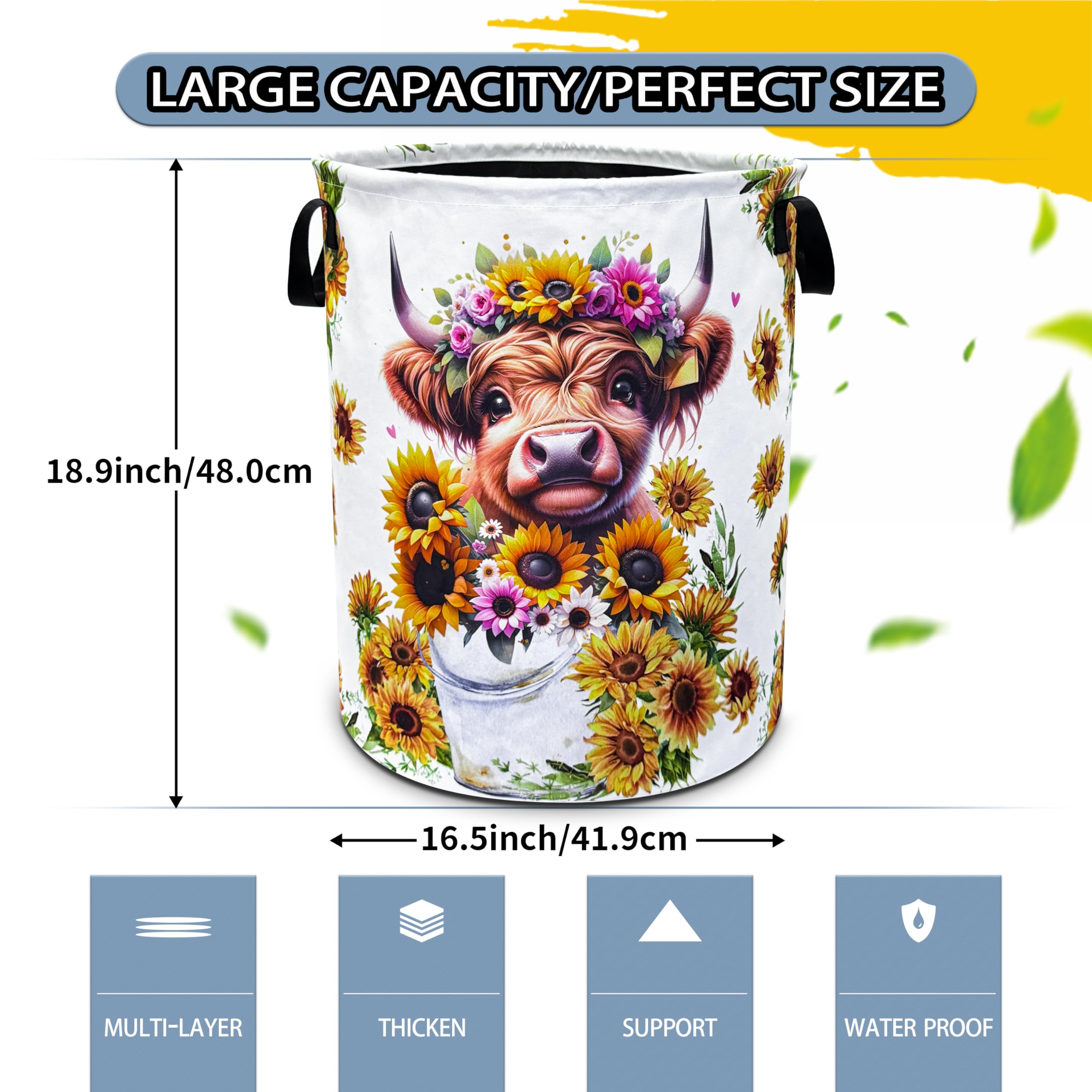 Highland Cow Laundry Basket Sunflower Flower Foldable Oxford Cloth Funny Tote Bag Laundry Hamper Clothes Storage Bucket Toy Orga