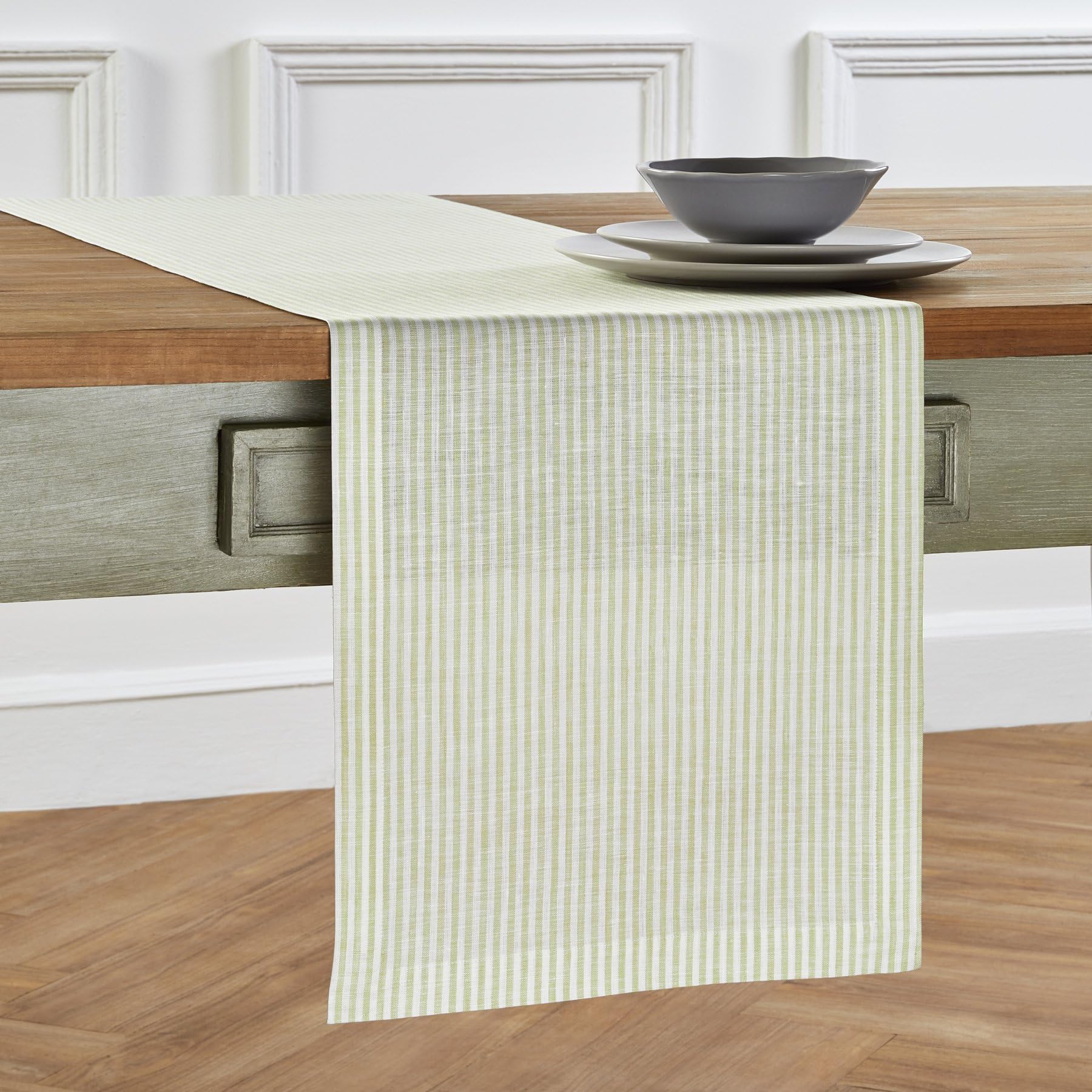 Solino Home Stripe Linen Table Runner 72 Inches Long - 100% Pure Linen Sage And White Dining Table Runner 14 X 72 Inch Ideal For