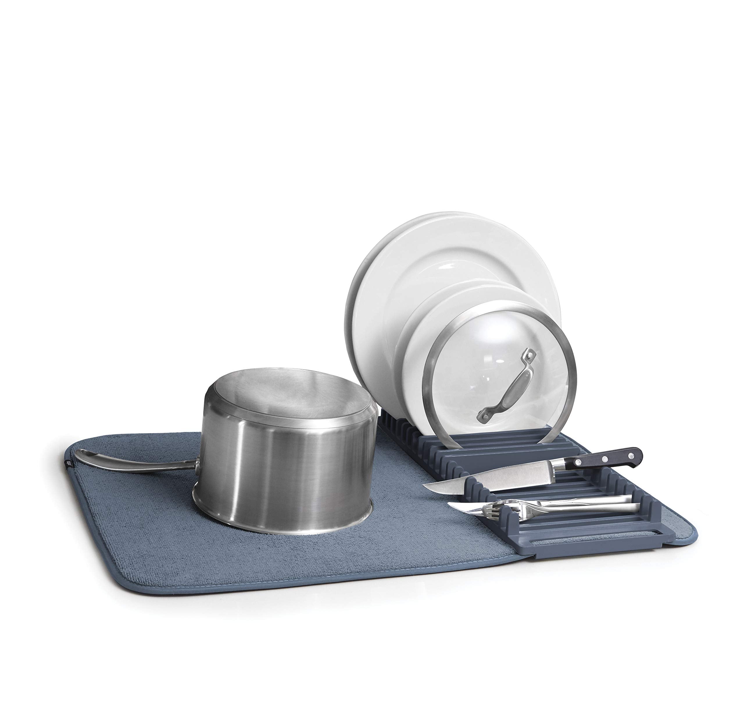 Umbra Udry Dish Rack And Microfiber Drying Mat - Space-Saving Design Folds Up For Easy Storage, Basic Rack, Denim