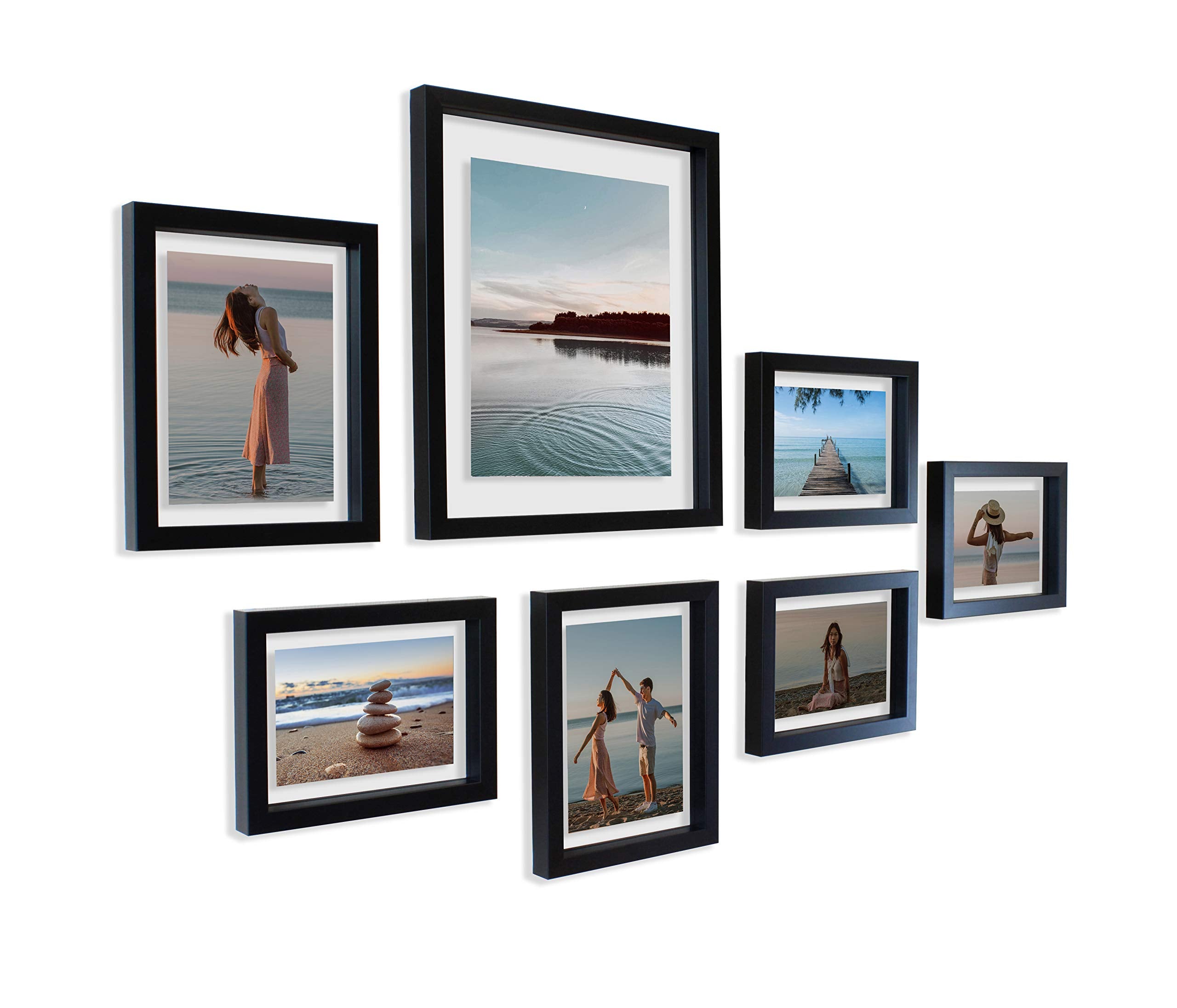 Mimosa Moments Gallery Wall Frame Set For Floating Pictures, Good For One 8X10, Two 5X7 And Four 4X6 Photos (Black, Set Of 7)