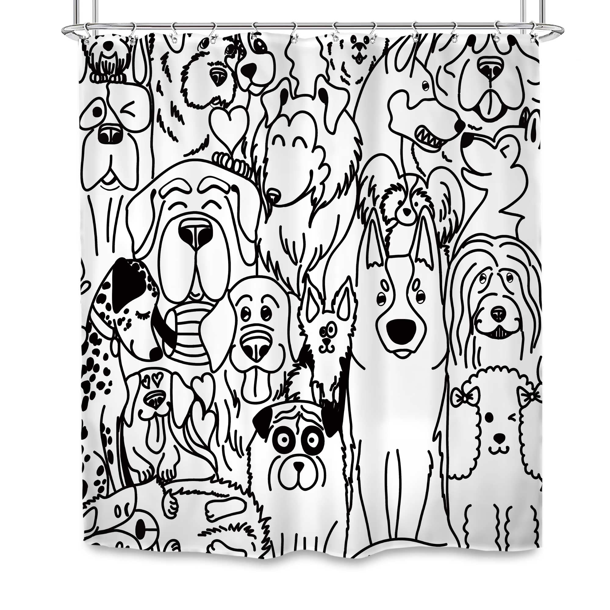 SVBright Funny Cute Dog Shower Curtain 60Wx72L Inch Cartoon Black and White Lovely Animals Silhouette for Kids Kawaii Cool Rustic 12 Pack Hooks Polyester Waterproof Fabric Bathroom Bathtub Panels