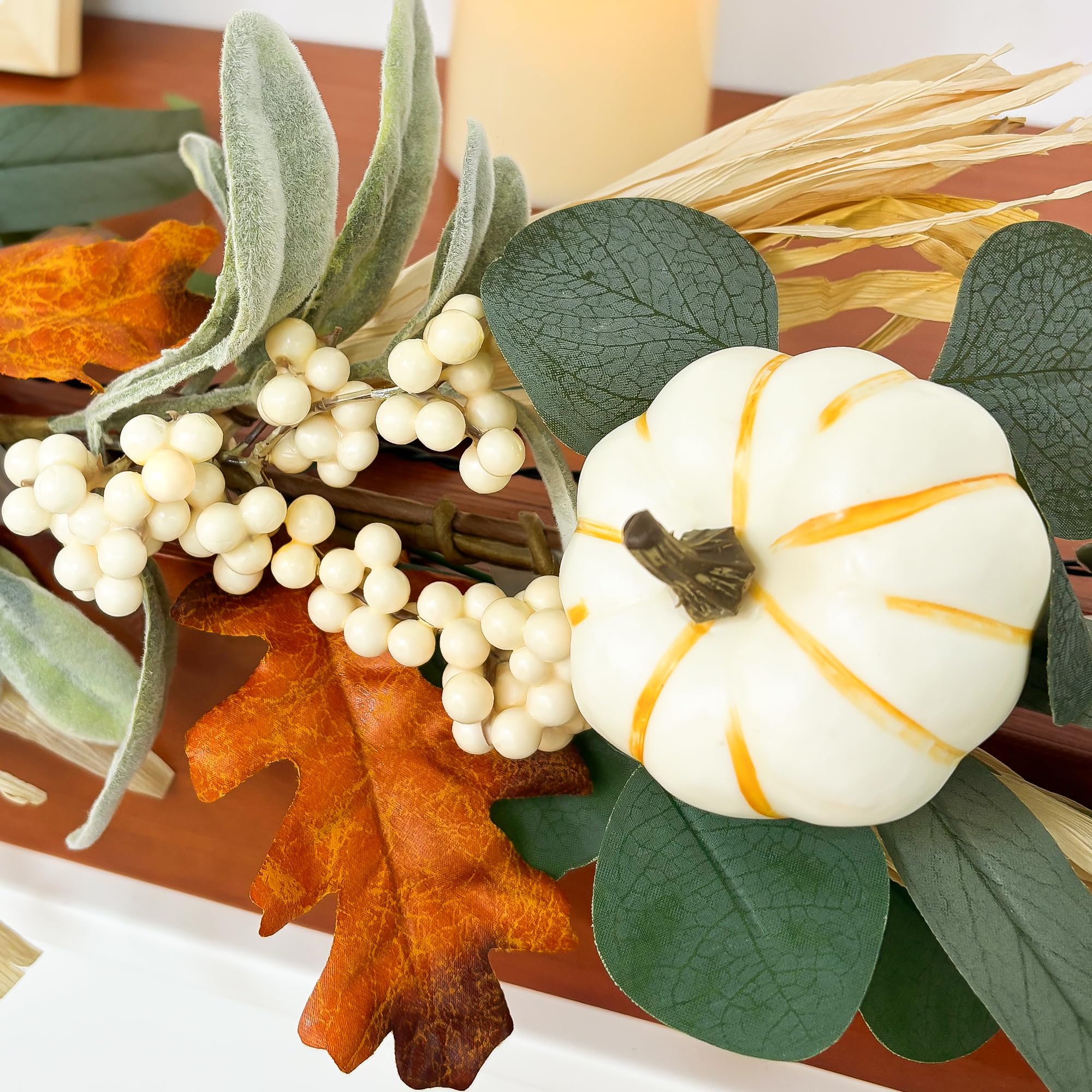 6ft Fall Garland with Lights, Eucalyptus Pumpkins Autumn Garland for Front Door, Fall Decor, Porch Wall, Home Outdoor Holiday De